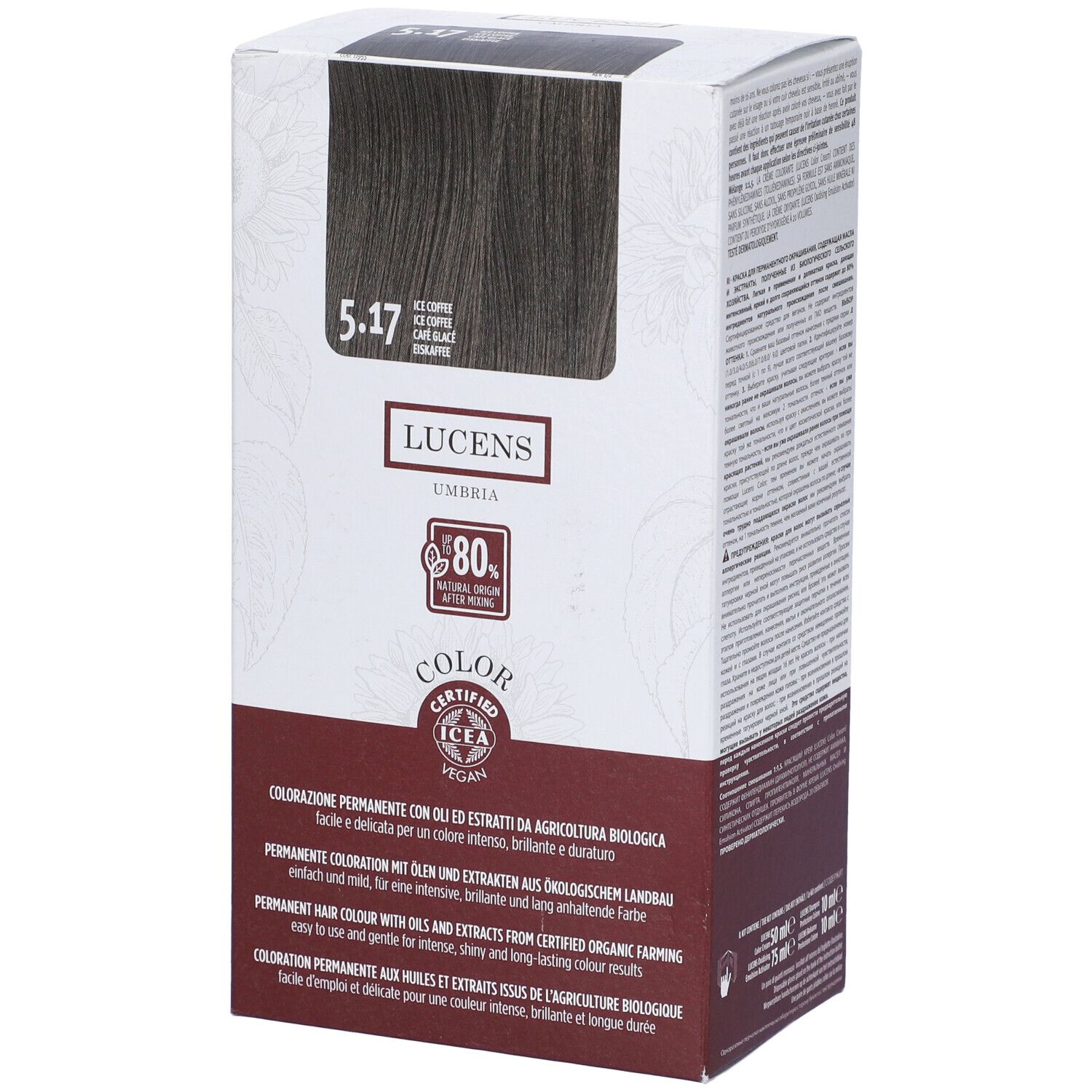 Scatola tinta per capelli 5.17, Ice Coffee. Marca Lucens Umbria. Certificazione ICEA, 80% origine naturale.
