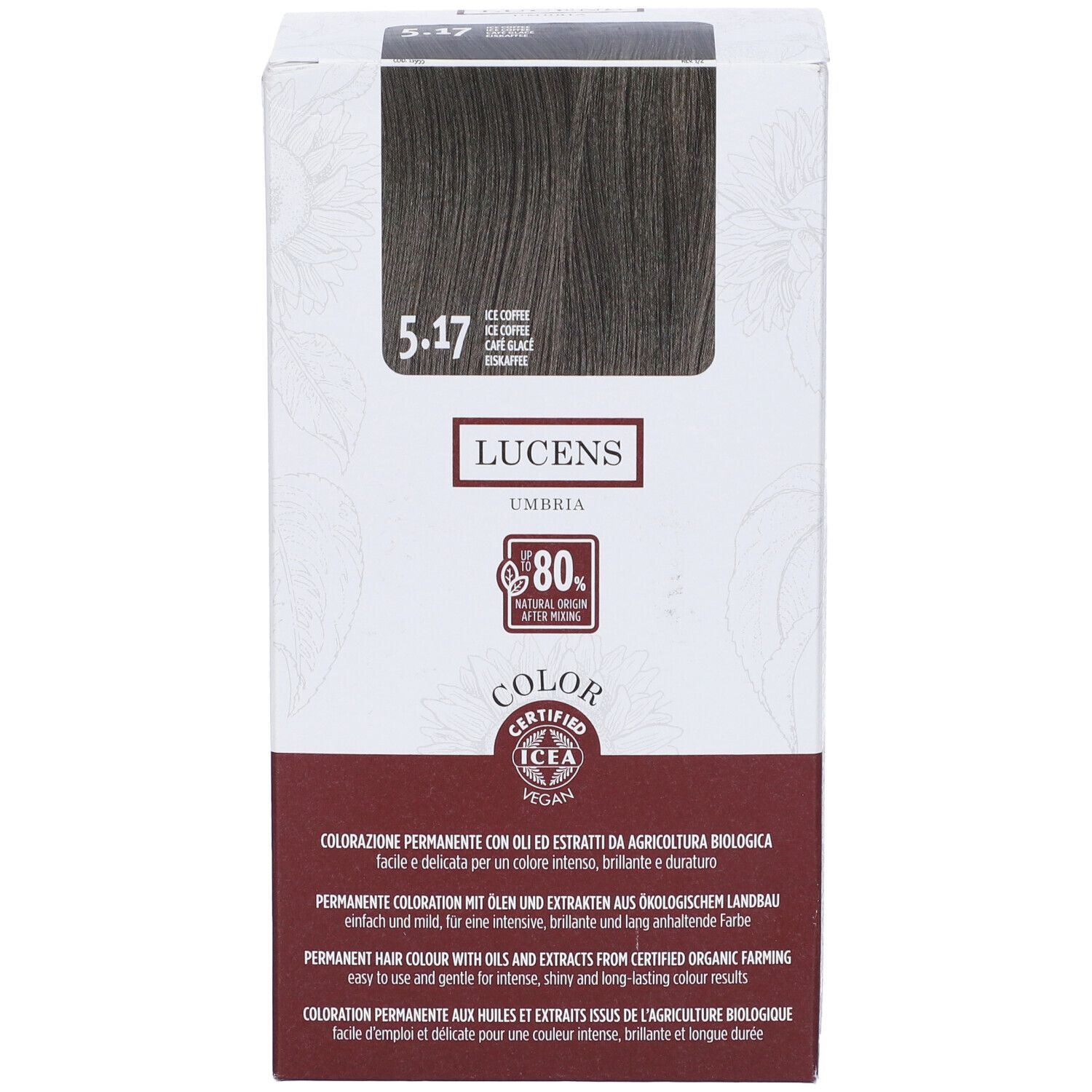 Scatola tinta per capelli 5.17, Ice Coffee. Marca Lucens Umbria. Certificazione ICEA, 80% origine naturale.