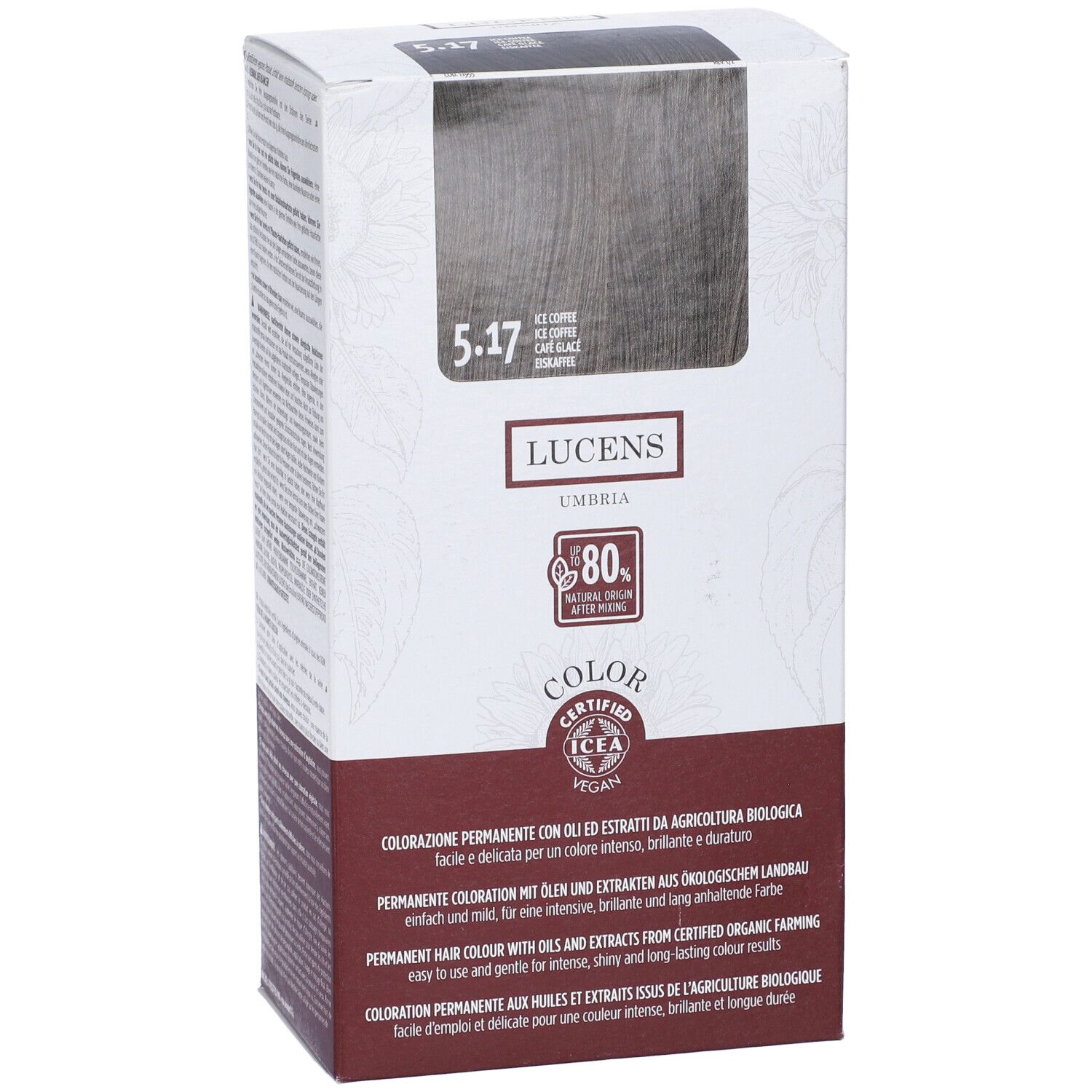 Scatola tinta per capelli 5.17, Ice Coffee. Marca Lucens Umbria. Certificazione ICEA, 80% origine naturale.