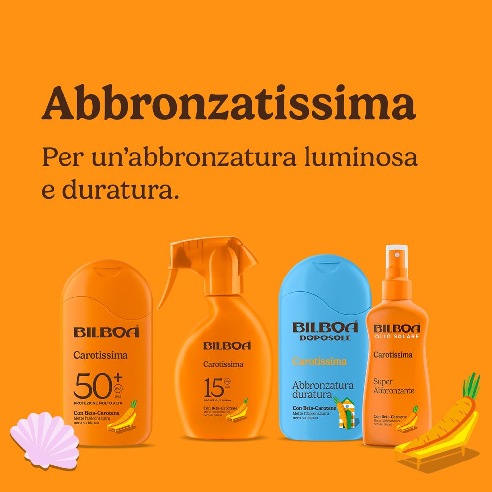 Diversi prodotti solari. Scritta: Bilboa Carotissima, SPF 50+, 15. Immagine di carota su lettino.