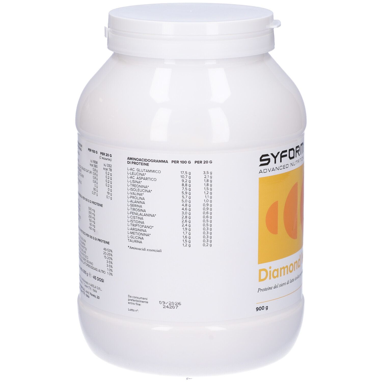 Contenitore bianco con coperchio. Etichetta con informazioni nutrizionali. Marchio: SYFORM. Testo: Diamond Whey, 900g.