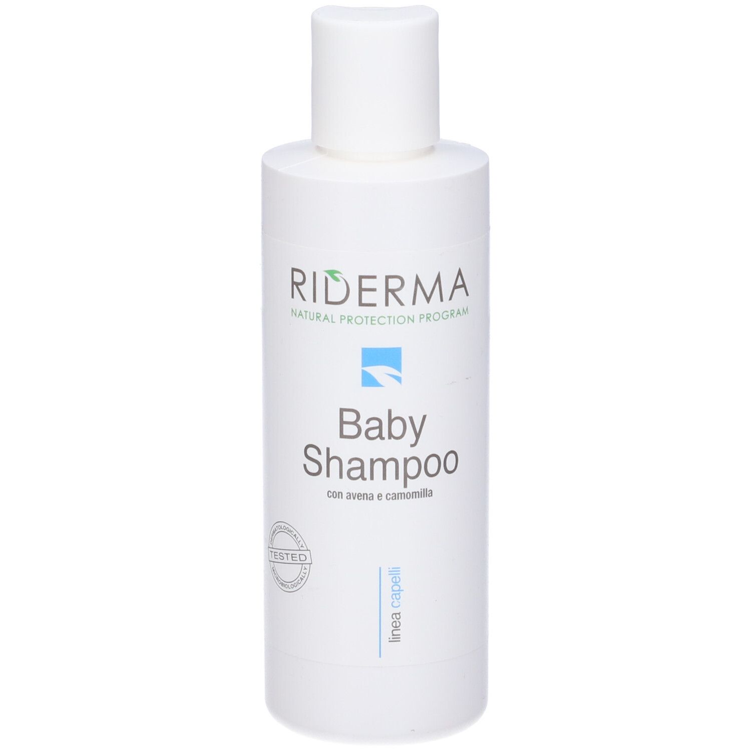 Flacone bianco di shampoo per bambini. Scritta: Riderma, Baby Shampoo. Con logo e testo. Sigillo Testato.