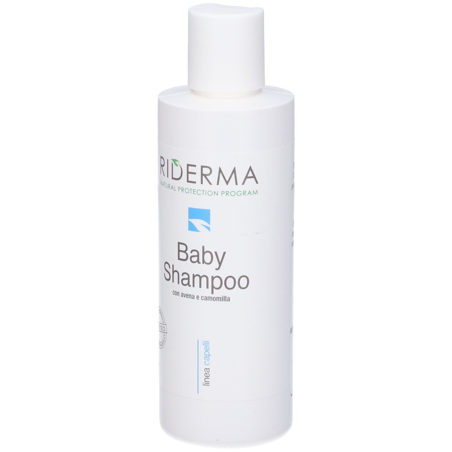 Flacone bianco di shampoo per bambini. Scritta: Riderma, Baby Shampoo. Con logo e testo. Sigillo Testato.