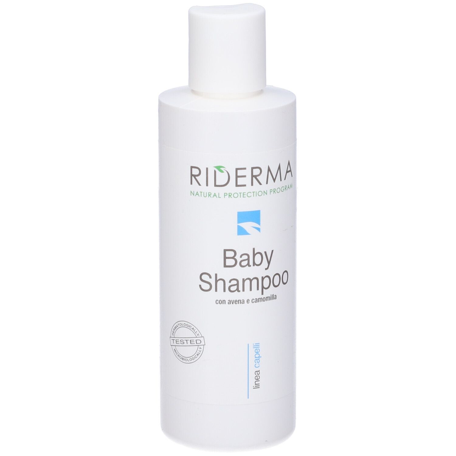 Flacone bianco di shampoo per bambini. Scritta: Riderma, Baby Shampoo. Con logo e testo. Sigillo Testato.