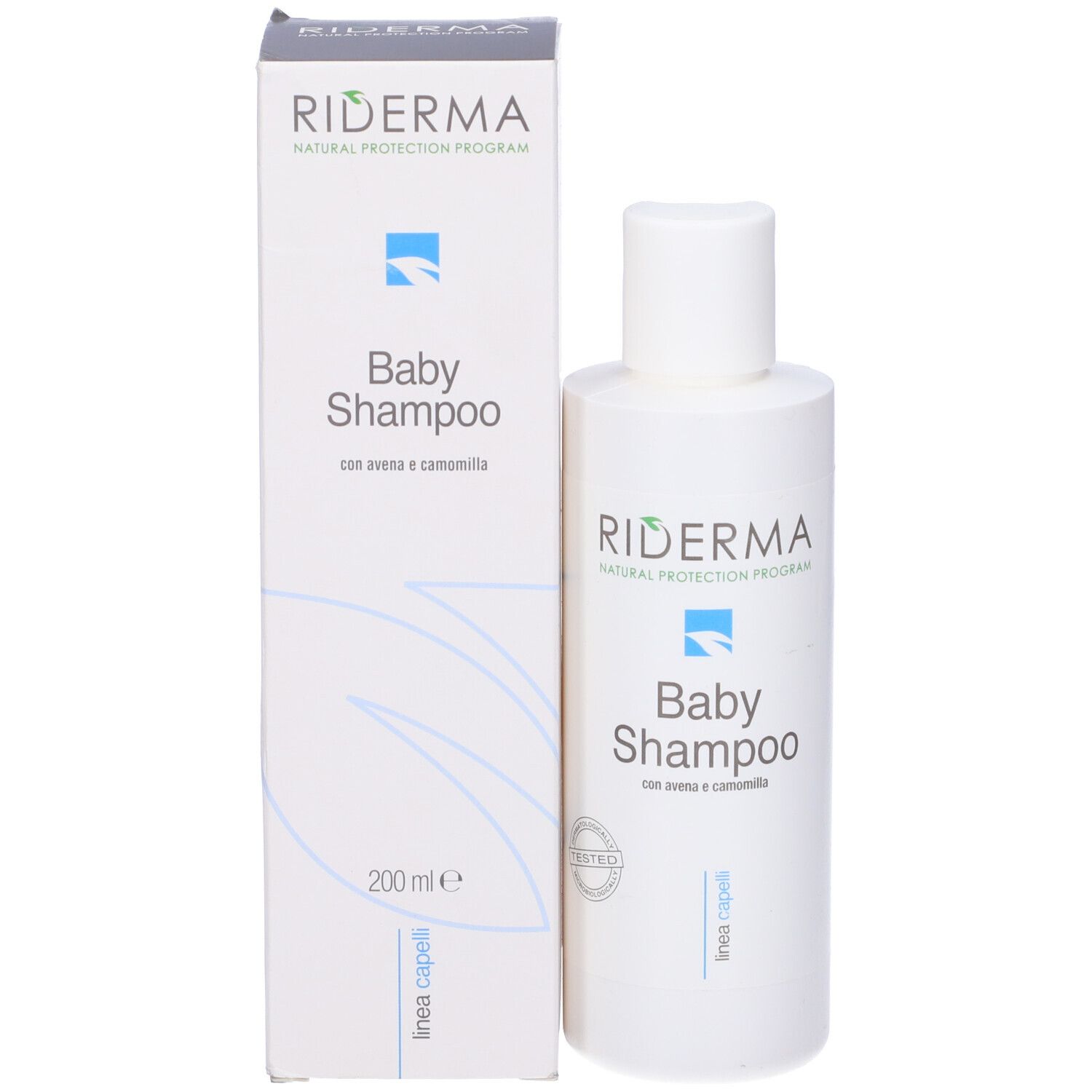 Flacone e confezione di shampoo per bambini. Scritta: Riderma, Baby Shampoo. Con logo e testo. Sigillo Testato. 200 ml.