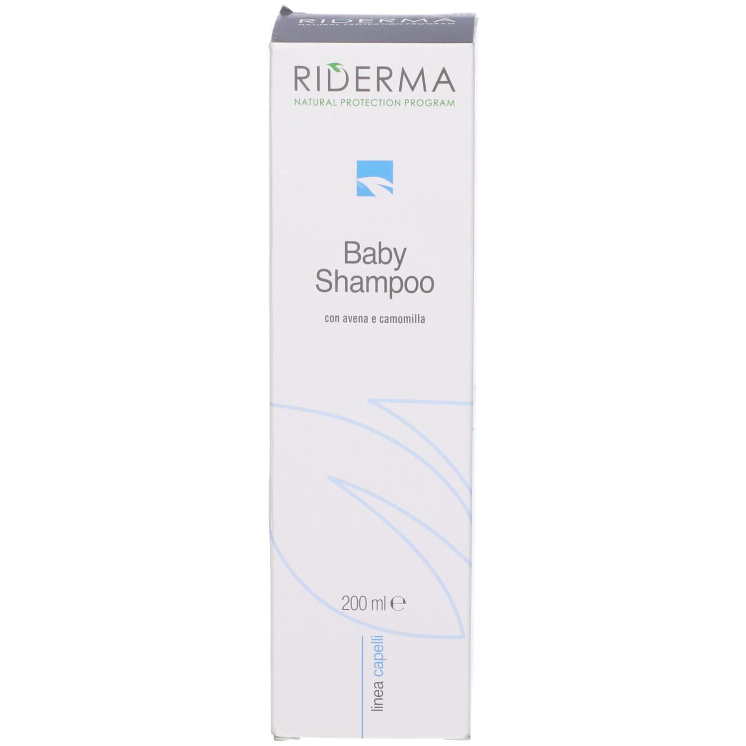 Confezione di shampoo per bambini. Scritta: Riderma, Baby Shampoo. Con logo e testo. 200 ml.