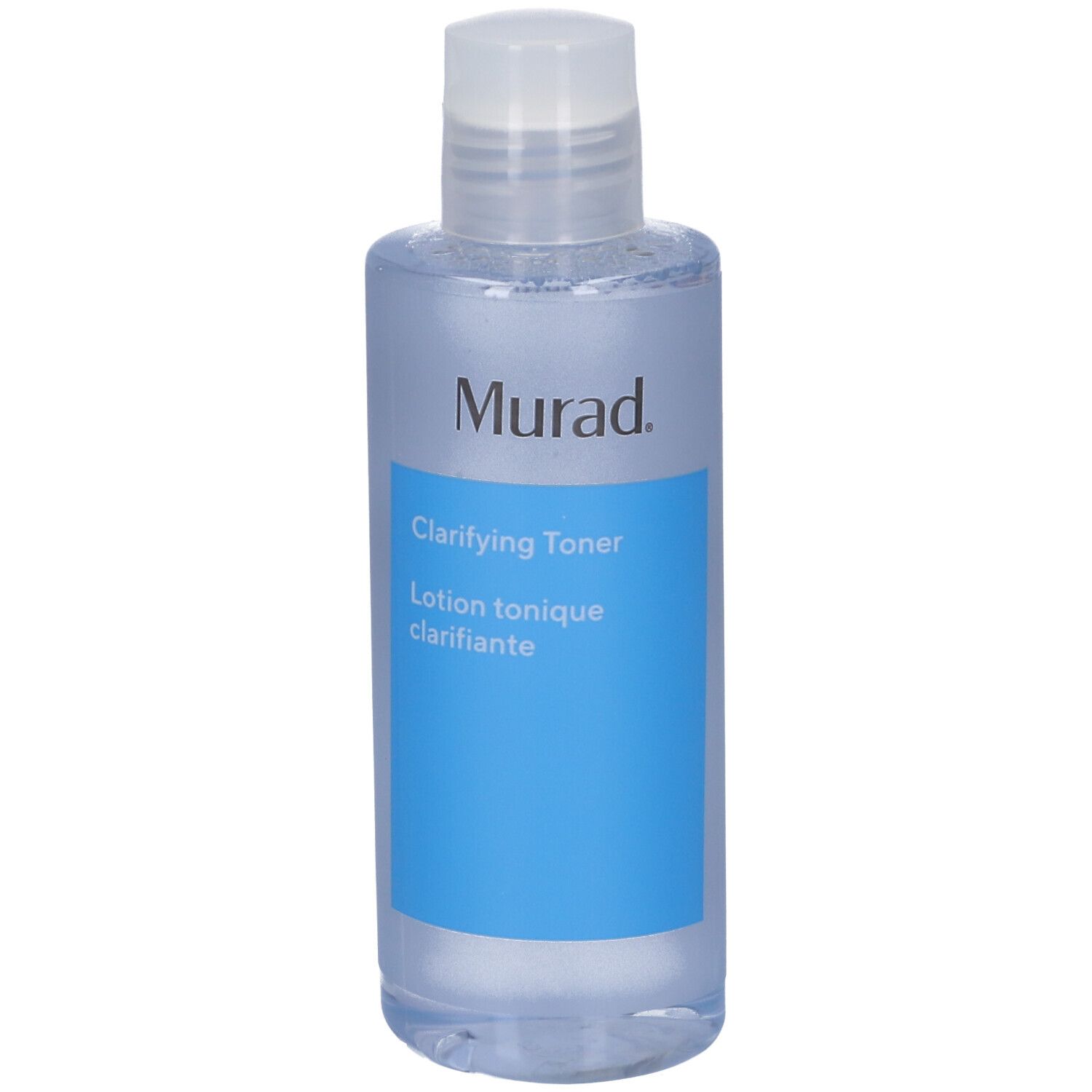 Flacone con tappo bianco. Etichetta blu con: Murad Clarifying Toner. Scritta nera.
