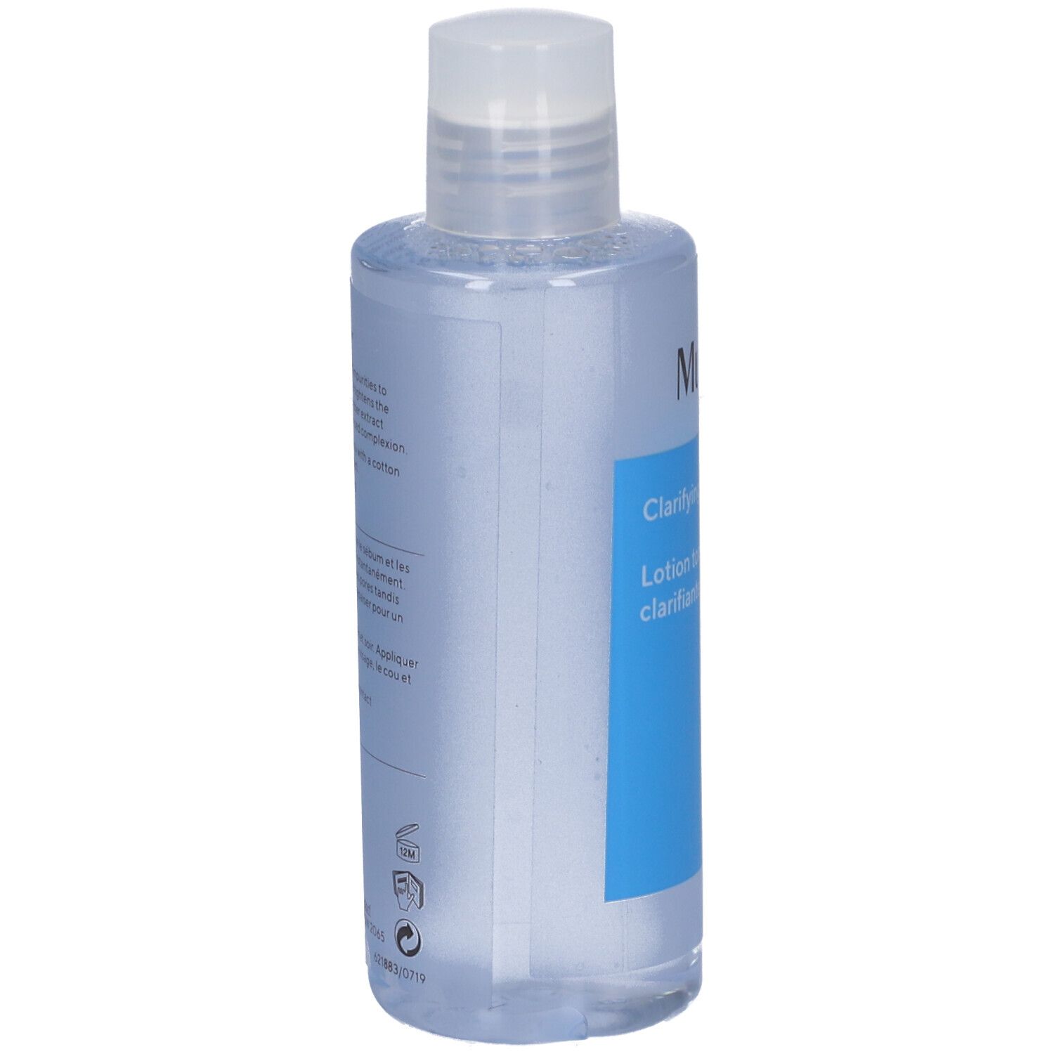 Flacone con tappo bianco. Etichetta blu con: Murad Clarifying Toner. Scritta nera.