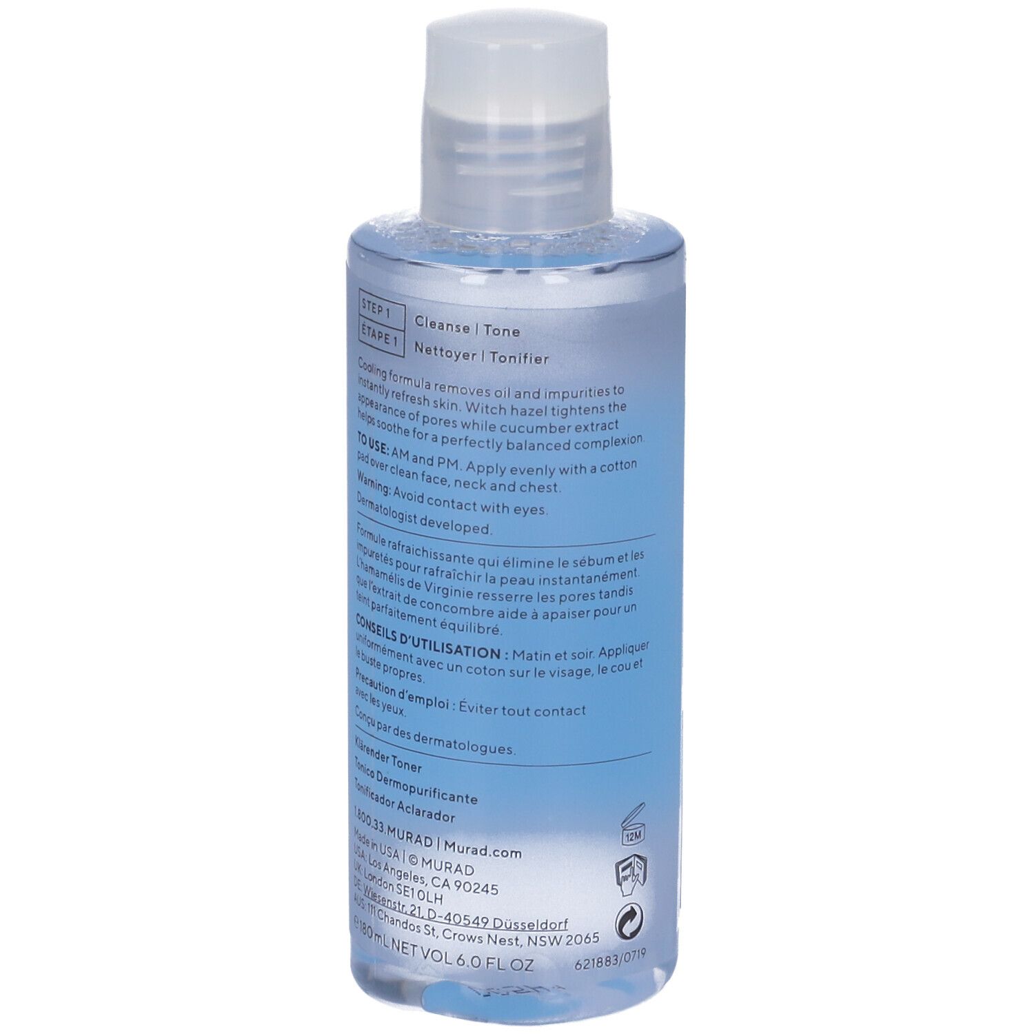 Flacone con tappo bianco. Etichetta blu con: Murad Clarifying Toner. Scritta nera.