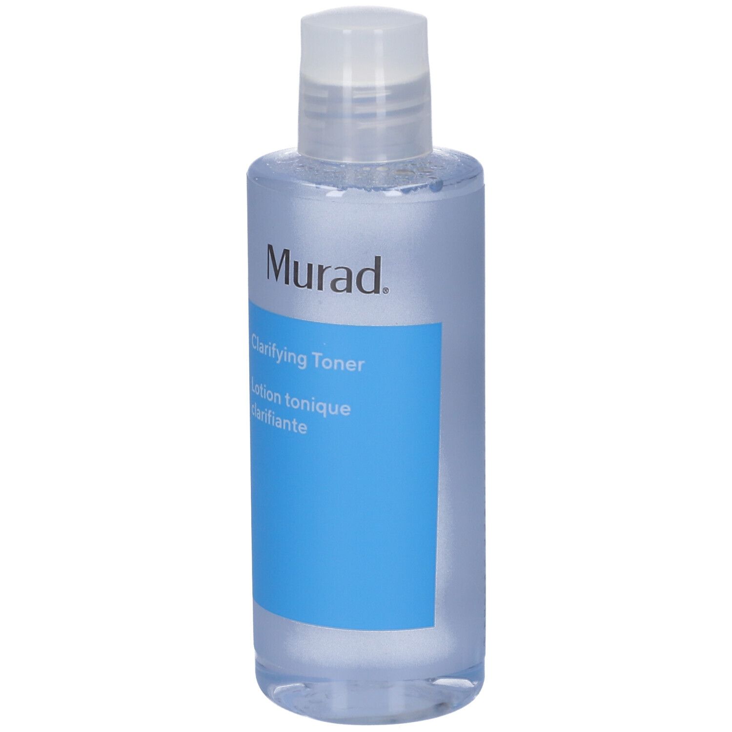 Flacone con tappo bianco. Etichetta blu con: Murad Clarifying Toner. Scritta nera.