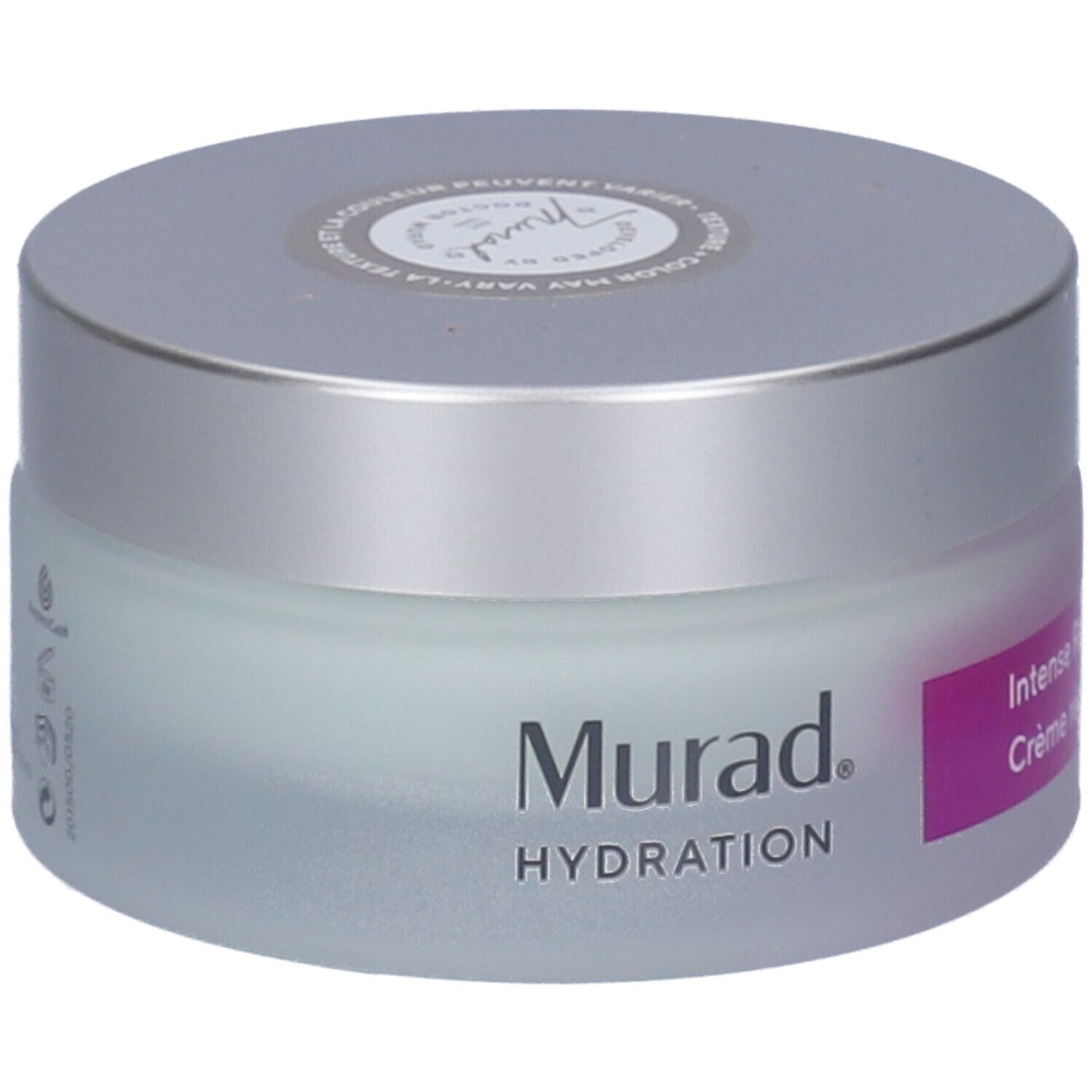 Vaso di crema con coperchio argentato. Scritta: Murad, Hydration. Etichetta: Intense Recovery Cream, Crème régénérante intense.