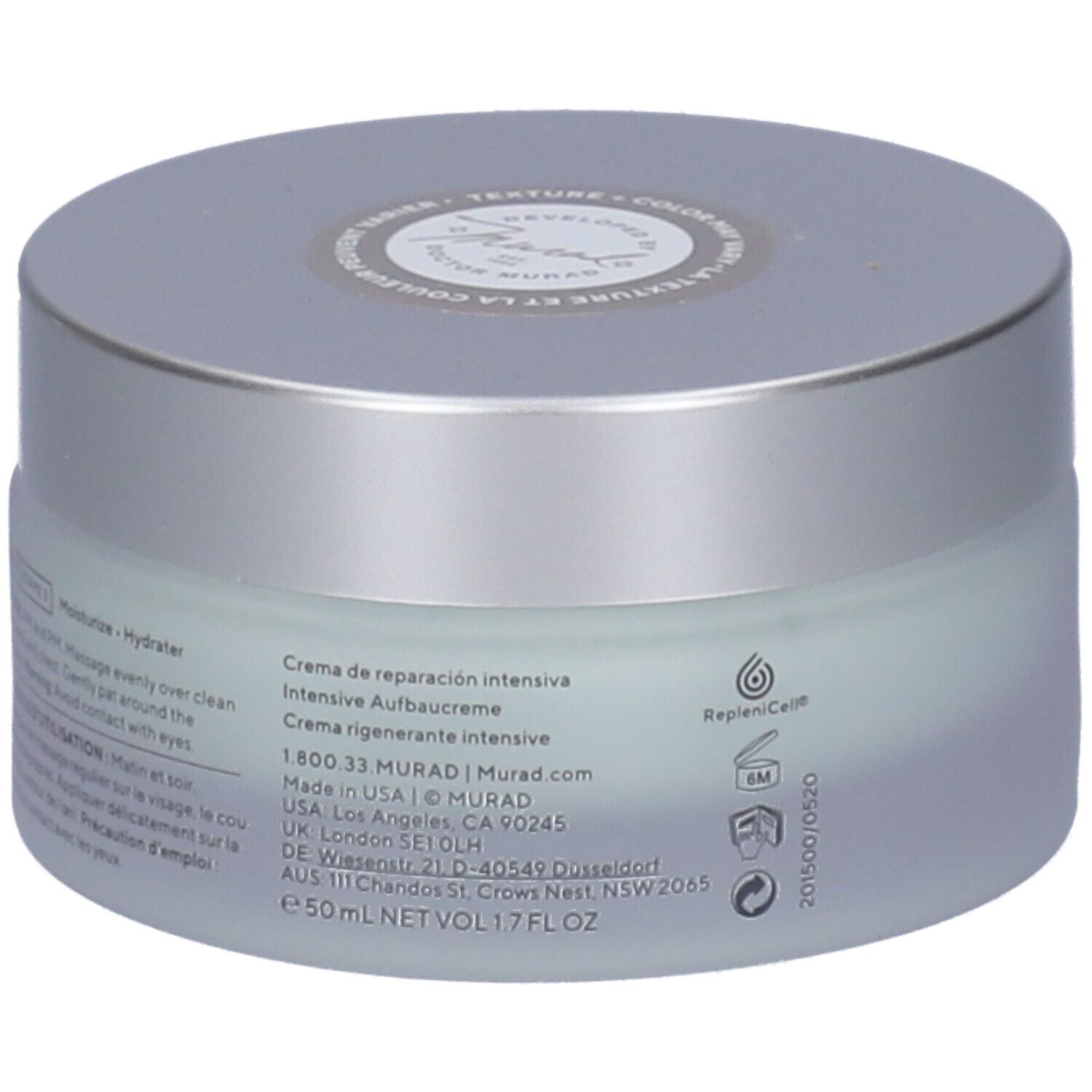 Vaso di crema con coperchio argentato. Scritta: Murad, Hydration. Etichetta: Intense Recovery Cream, Crème régénérante intense.