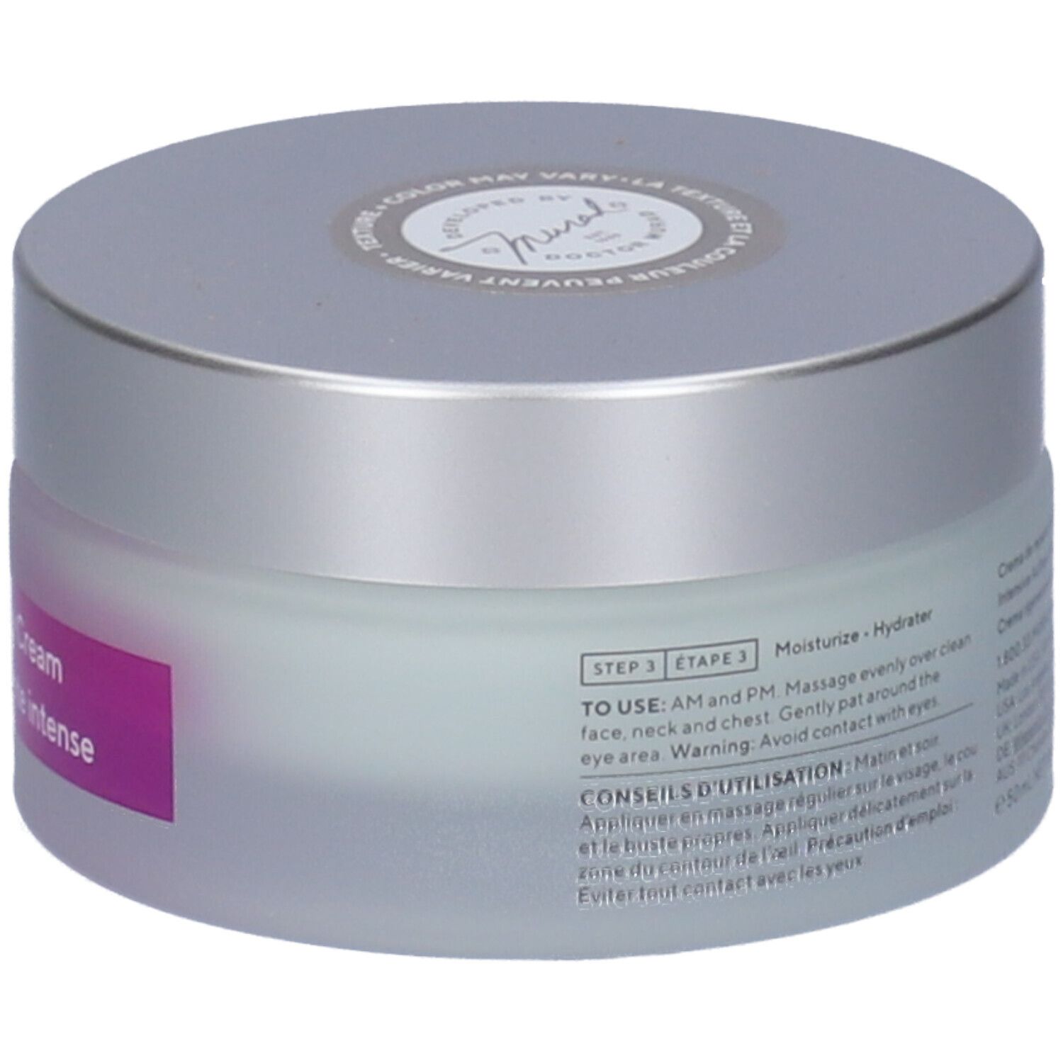 Vaso di crema con coperchio argentato. Scritta: Murad, Hydration. Etichetta: Intense Recovery Cream, Crème régénérante intense.