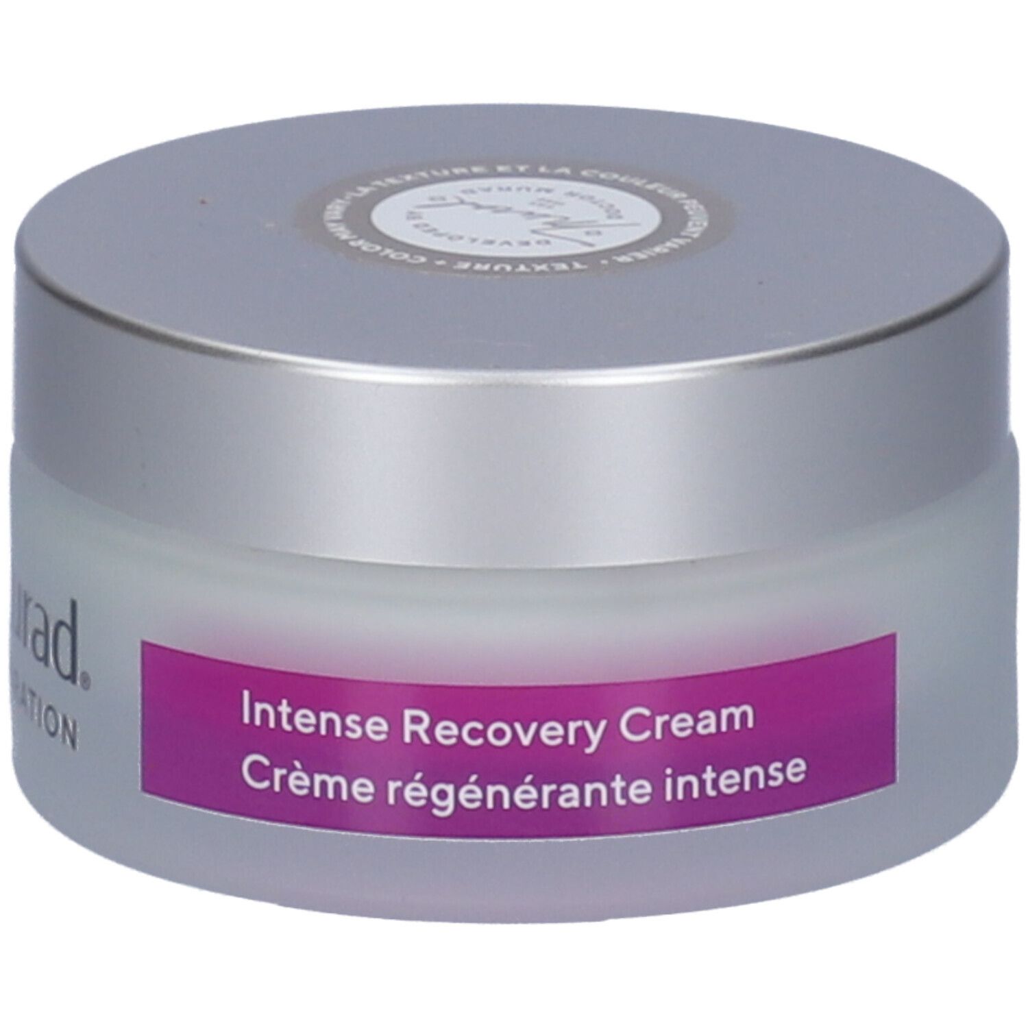 Vaso di crema con coperchio argentato. Scritta: Murad, Hydration. Etichetta: Intense Recovery Cream, Crème régénérante intense.