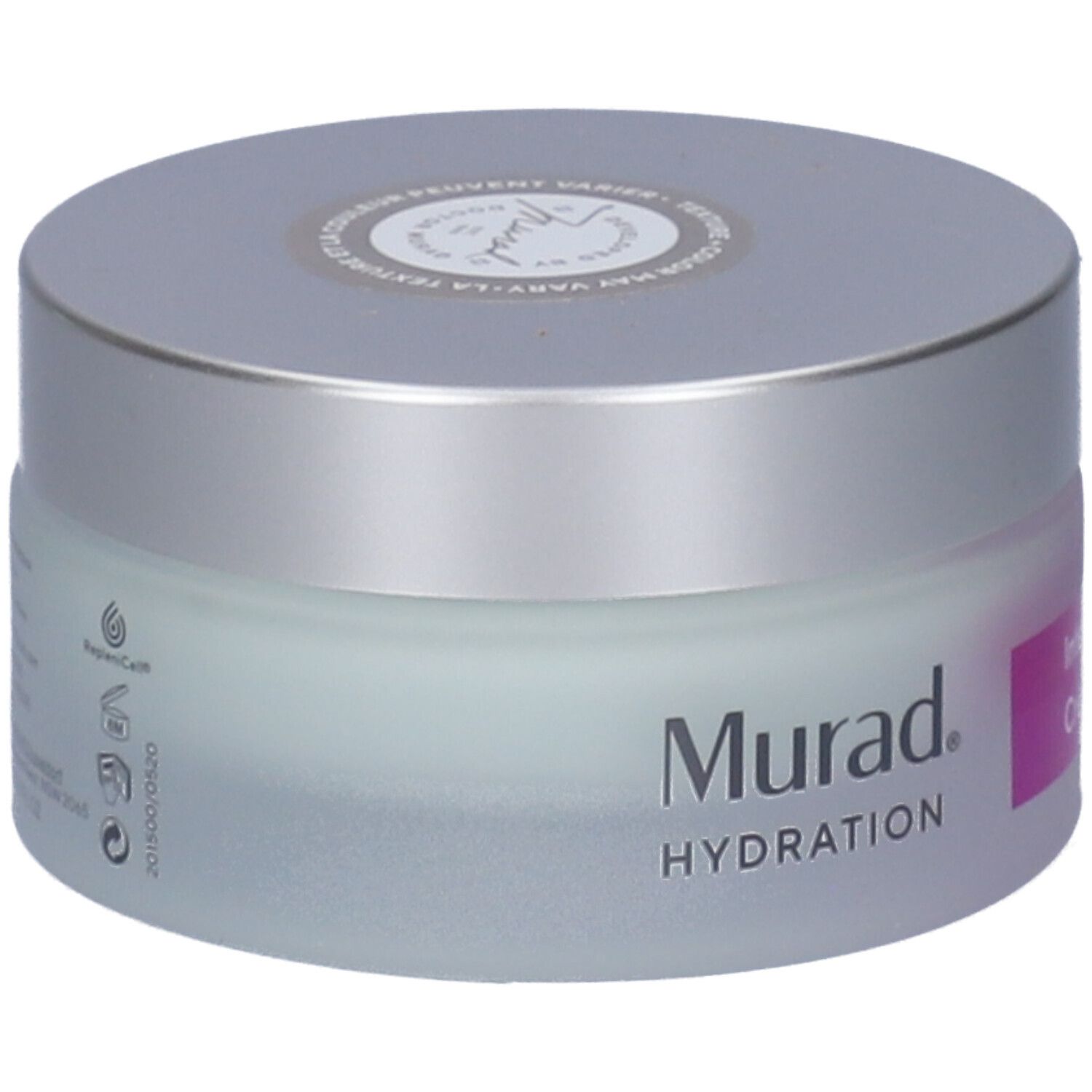 Vaso di crema con coperchio argentato. Scritta: Murad, Hydration. Etichetta: Intense Recovery Cream, Crème régénérante intense.