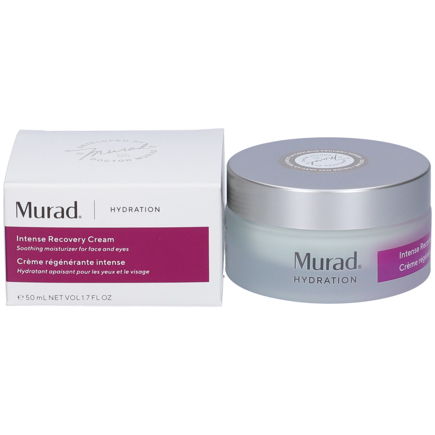 Vaso di crema e scatola. Scritta: Murad, Hydration. Etichetta: Intense Recovery Cream, Crème régénérante intense. 50 ml.