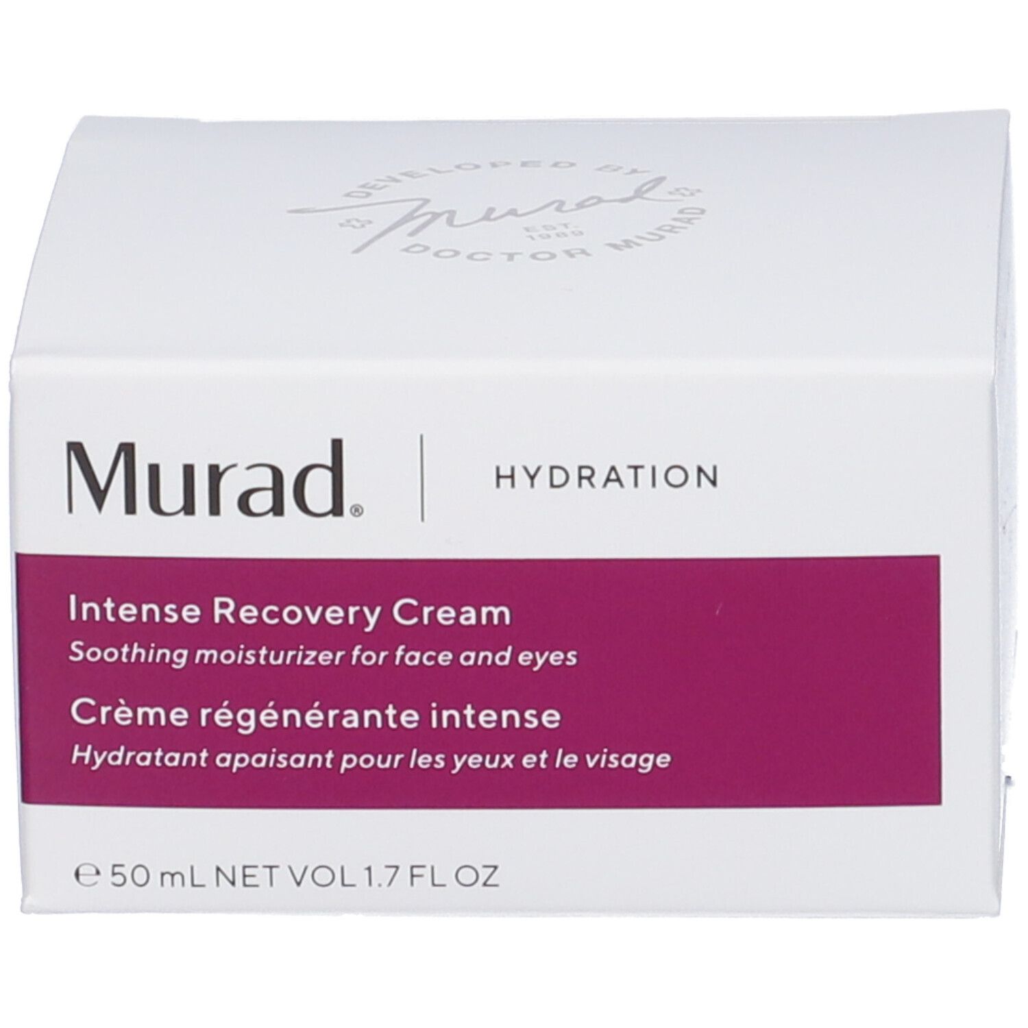 Scatola bianca con scritta: Murad, Hydration. Etichetta: Intense Recovery Cream, Crème régénérante intense. 50 ml.