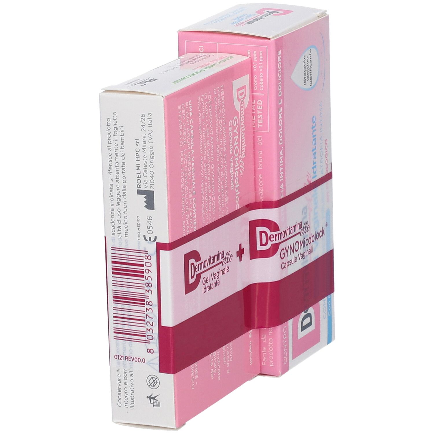 Due confezioni rosa e bianche. Scritte: Dermovitamina Elle Gel Vaginale, GYNOMicoblock Capsule Vaginali. Unite da fascia rossa.