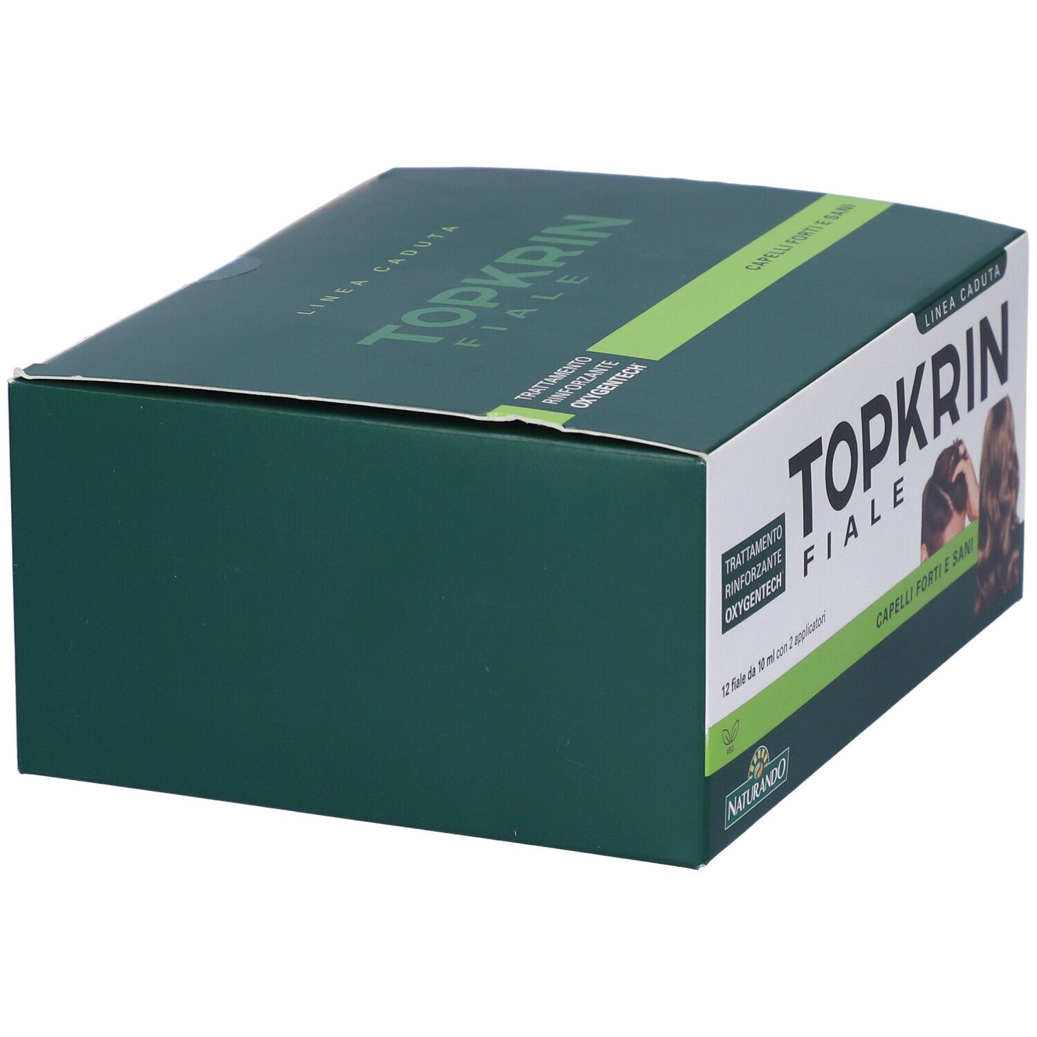 Confezione verde scuro di Topkrin Fiale. Vista laterale. Testo: Topkrin Fiale. Logo Naturando. Strisce verdi.
