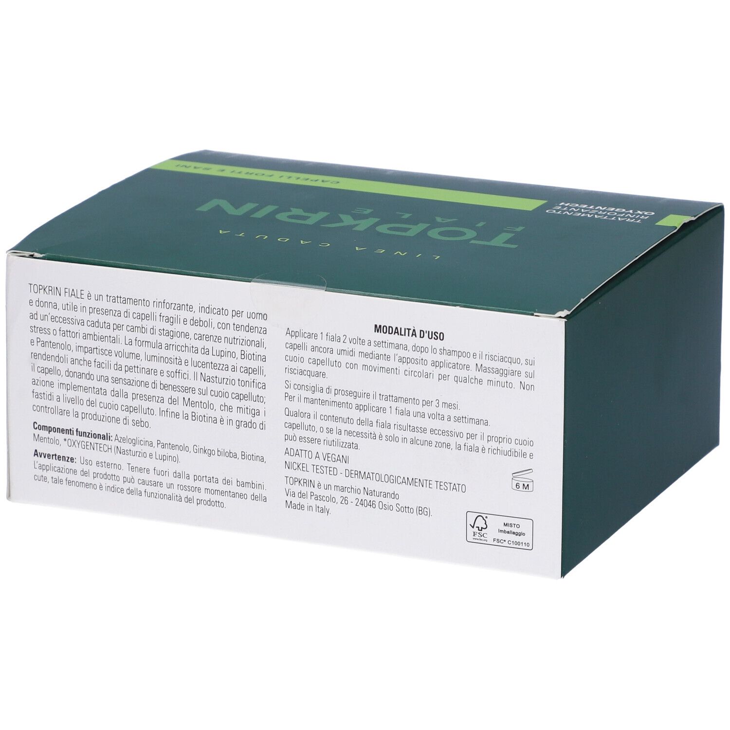 Retro della confezione Topkrin Fiale. Testo in italiano. Logo Naturando. Certificazione FSC.