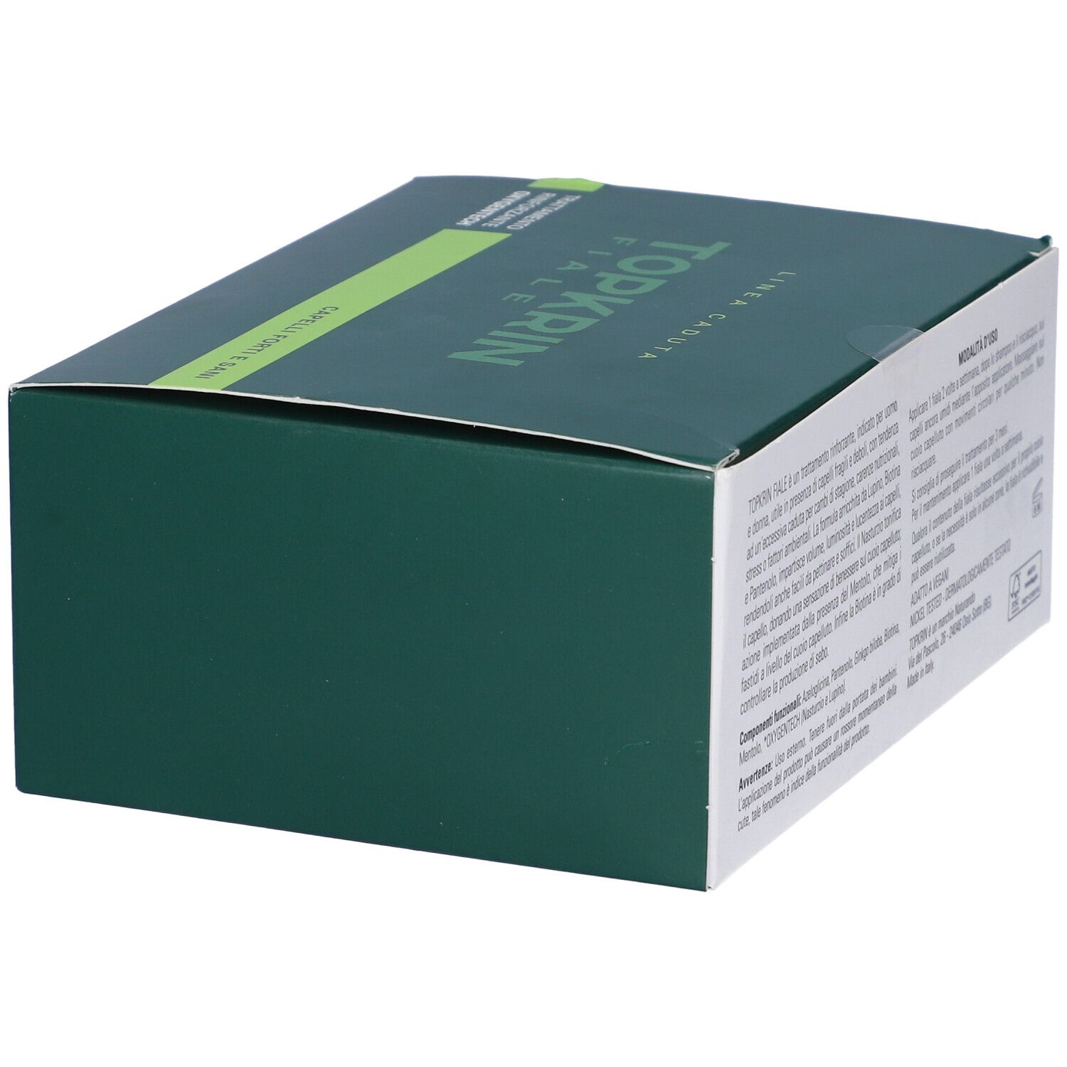 Confezione verde scuro di Topkrin Fiale. Vista laterale. Testo: Topkrin Fiale. Logo Naturando. Strisce verdi.