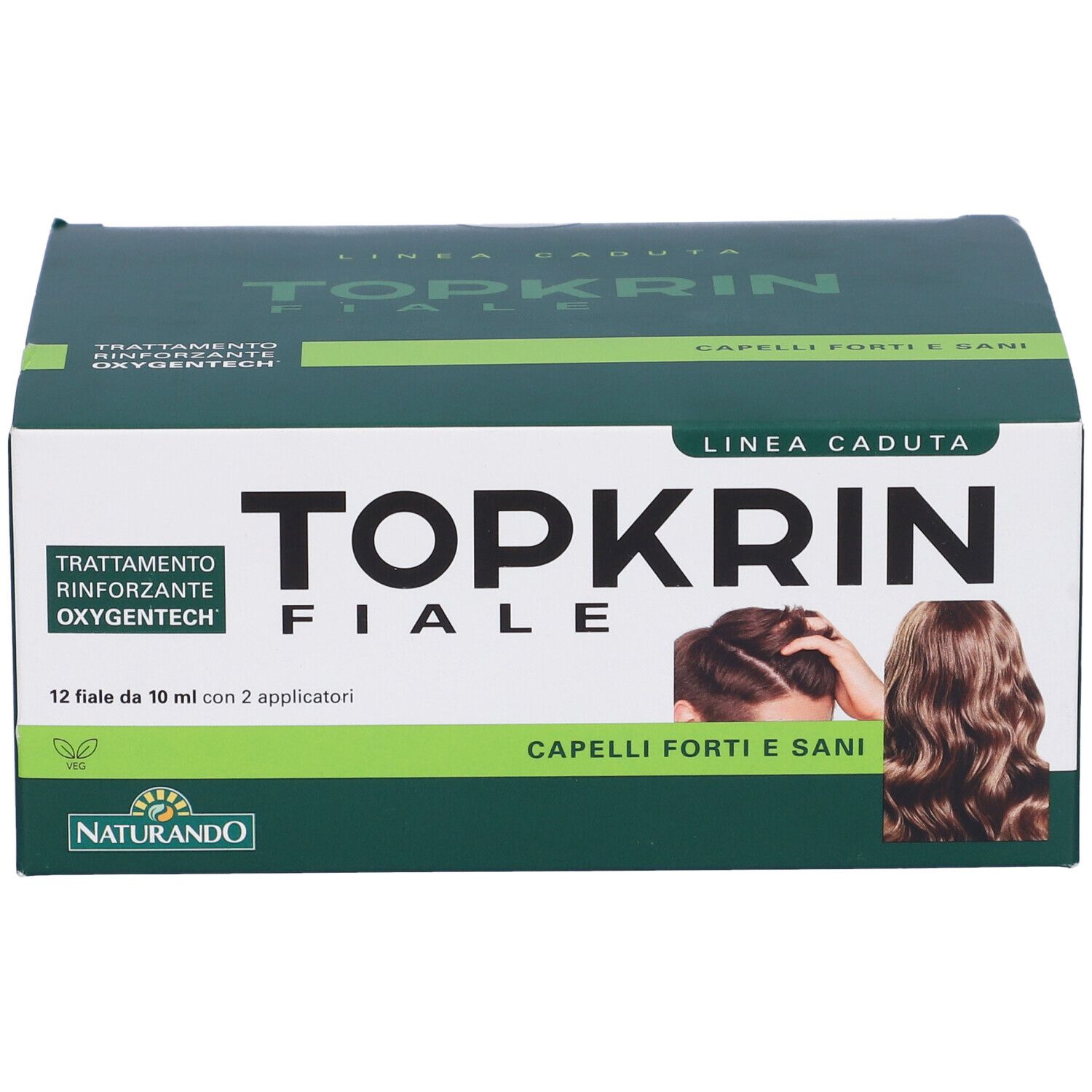 Confezione di Topkrin Fiale. Scatola bianca e verde. Testo: Topkrin Fiale, Naturando. Immagine di capelli.