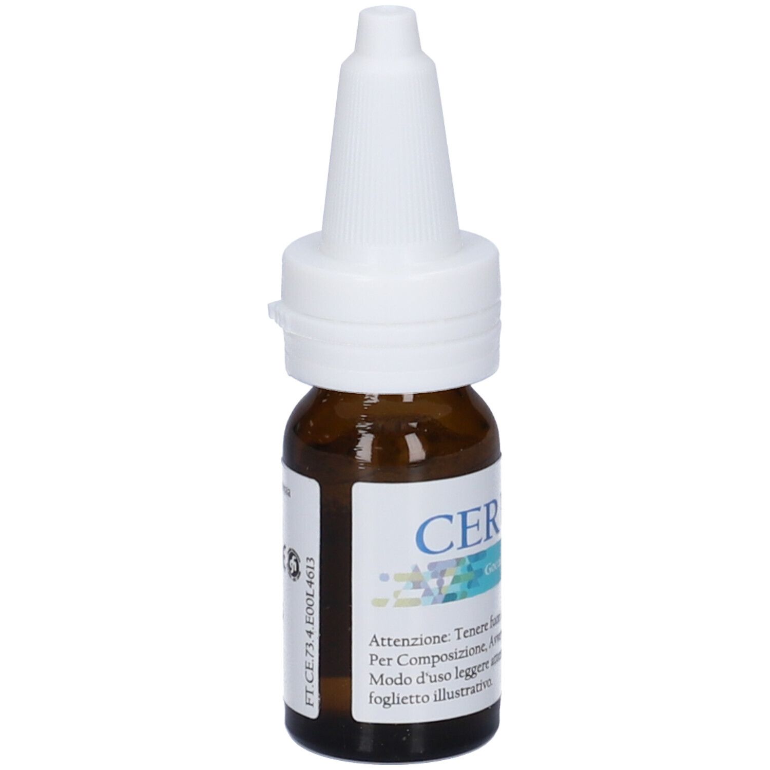 Flacone di vetro marrone con tappo bianco. Scritta CERUVIA. Etichetta con testo e logo. Marchio CE.