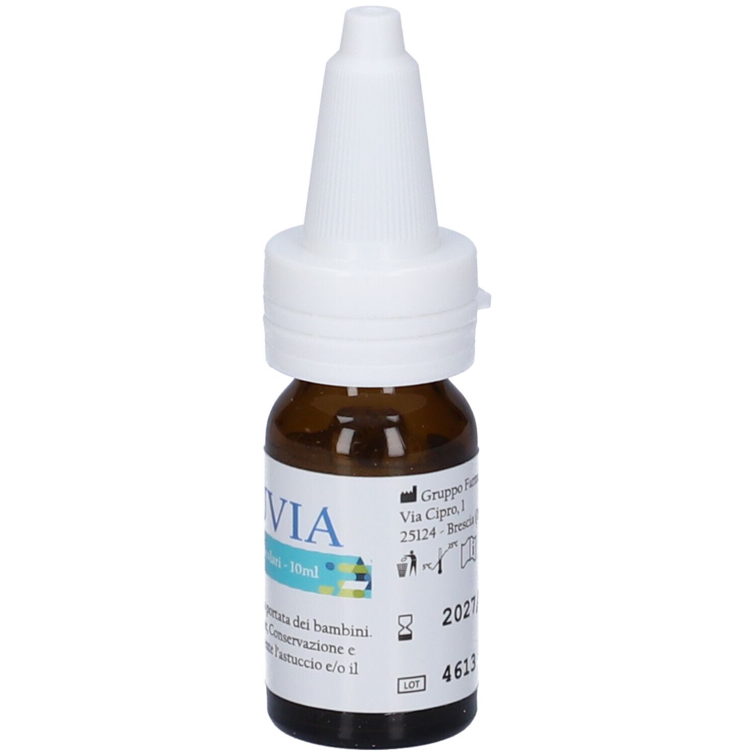 Flacone di vetro marrone con tappo bianco. Etichetta con testo, indirizzo e logo. Data di produzione e numero di lotto.