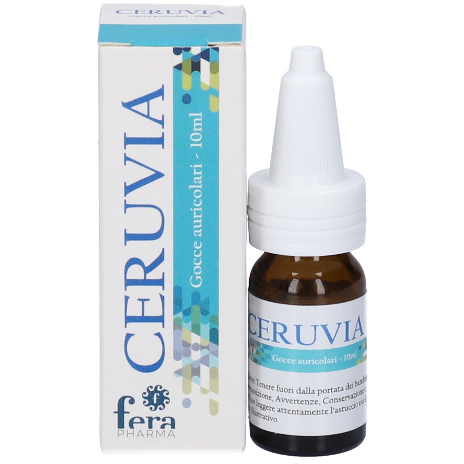 Flacone di vetro marrone con tappo bianco e confezione. Scritta CERUVIA, Gocce auricolari - 10ml. Logo.