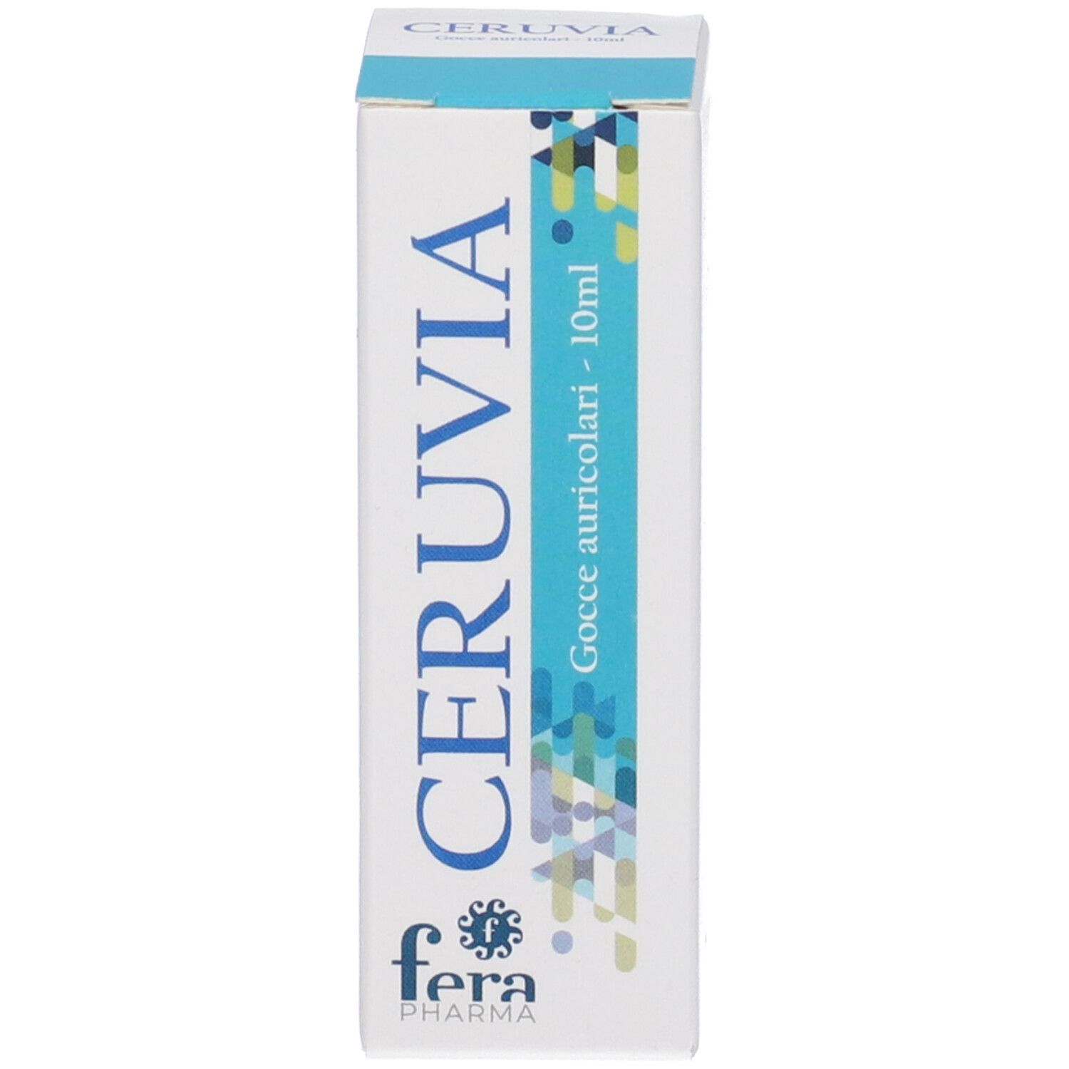 Confezione con scritta CERUVIA, Gocce auricolari - 10ml. Logo. Design bianco e blu.