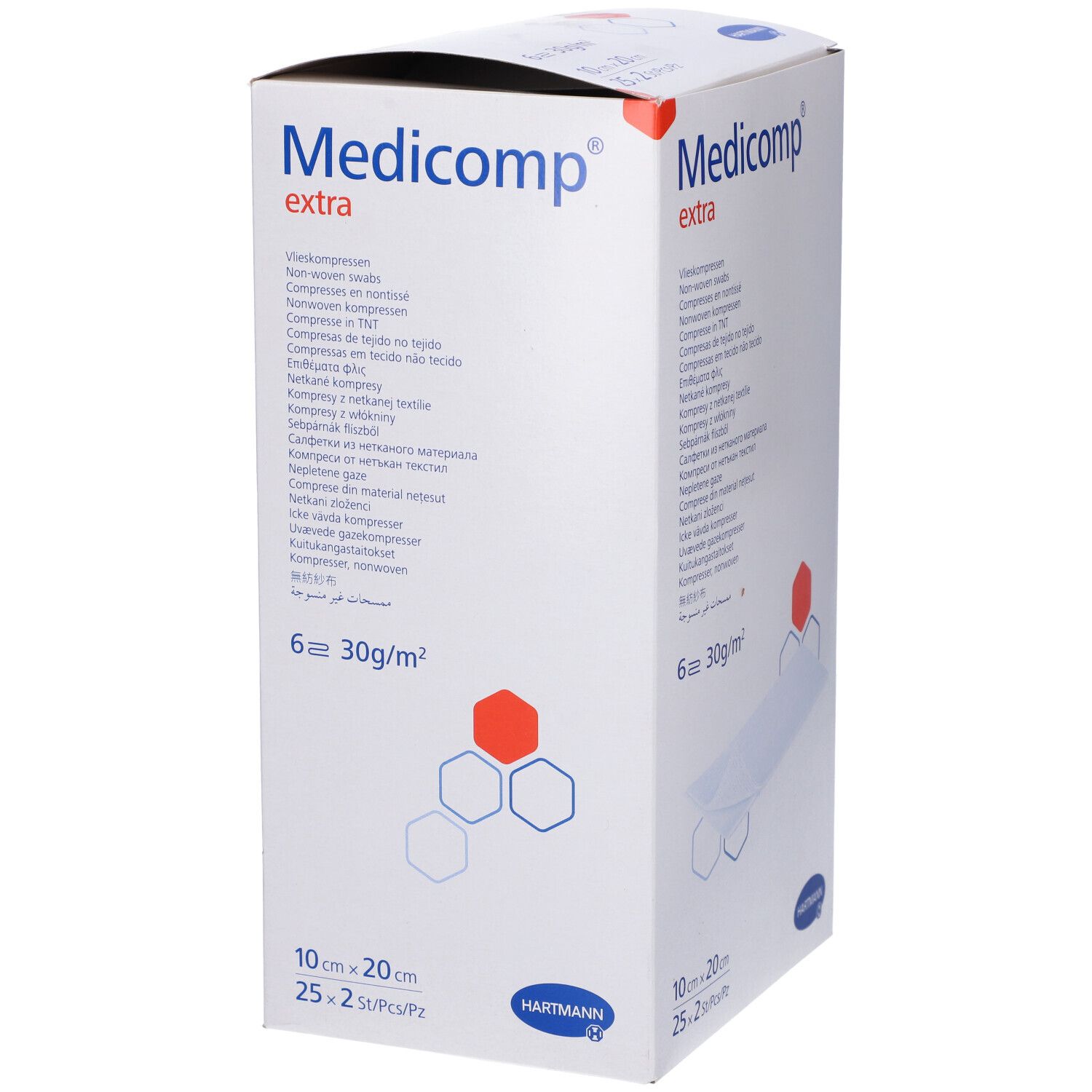 Confezione di Medicomp extra. Scritte: 10x20 cm, 25x2 pz/conf, 6 pezzi, 30g/m². Marchio Hartmann.
