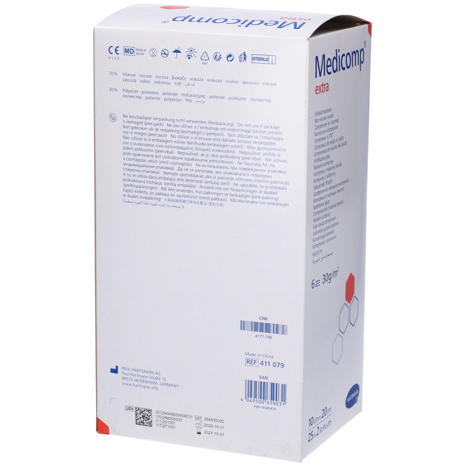 Retro della confezione di Medicomp extra. Testo e loghi. Informazioni sul produttore e numero di lotto.