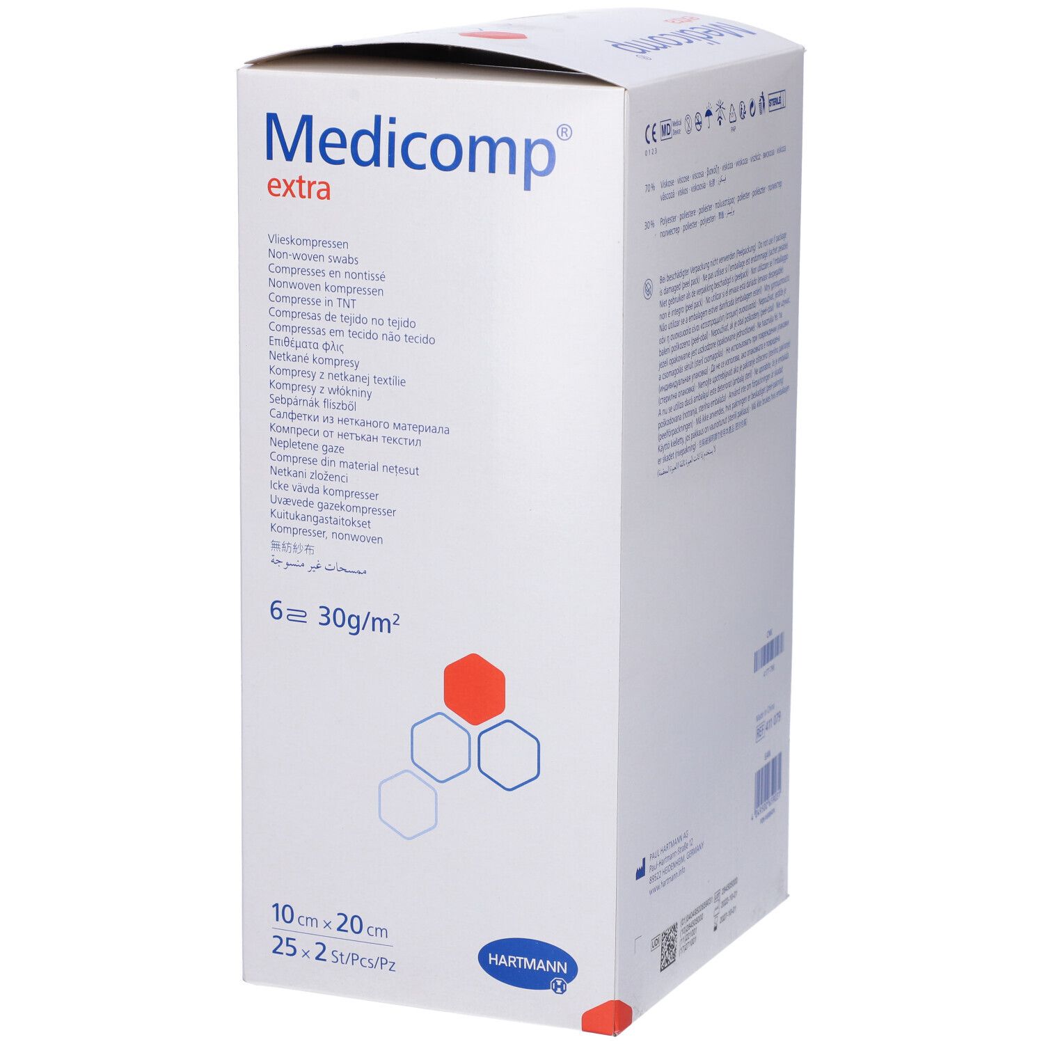 Confezione di Medicomp extra. Scritte: 10x20 cm, 25x2 pz/conf, 6 pezzi, 30g/m². Marchio Hartmann.
