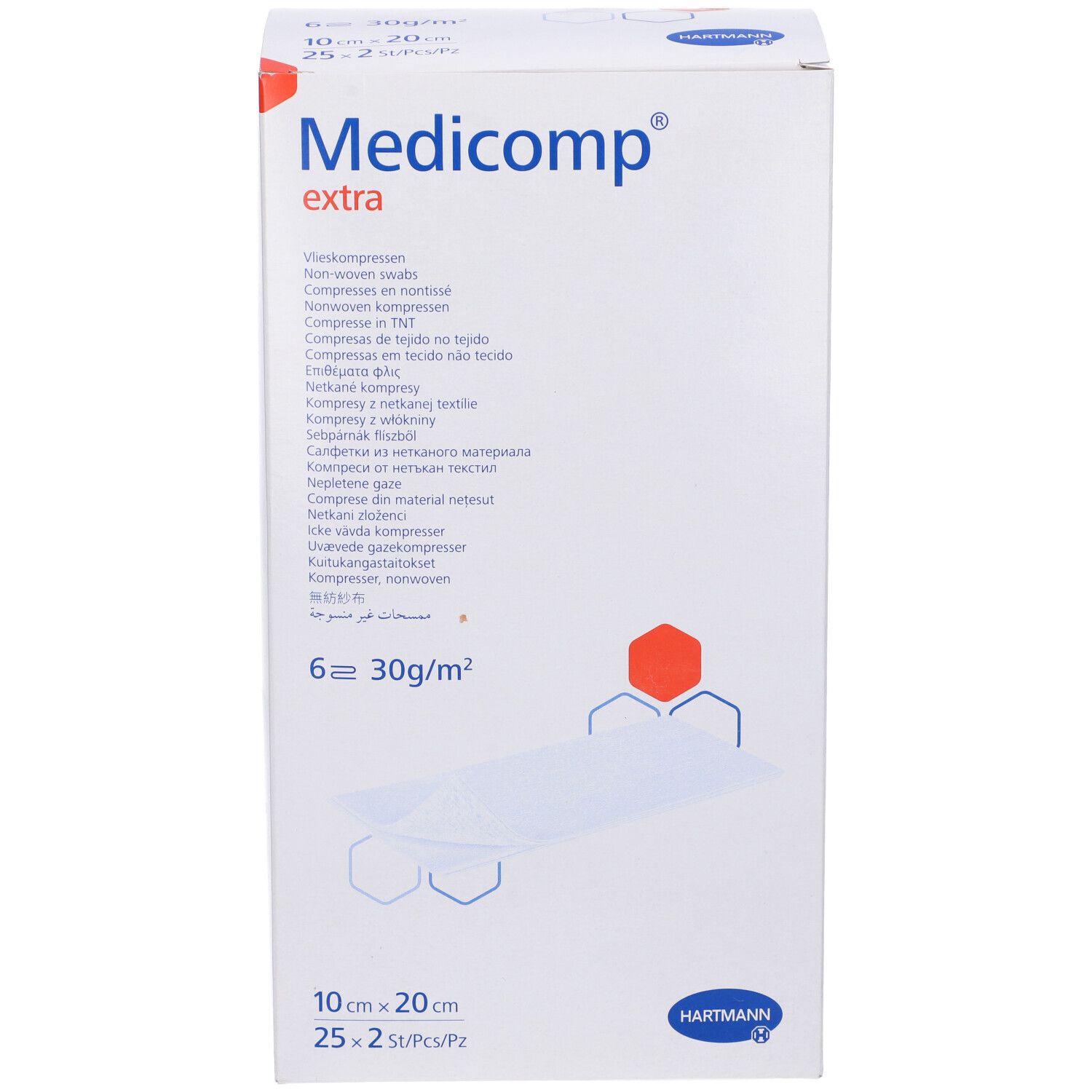 Confezione di Medicomp extra. Scritte: 10x20 cm, 25x2 pz/conf, 6 pezzi, 30g/m². Marchio Hartmann.