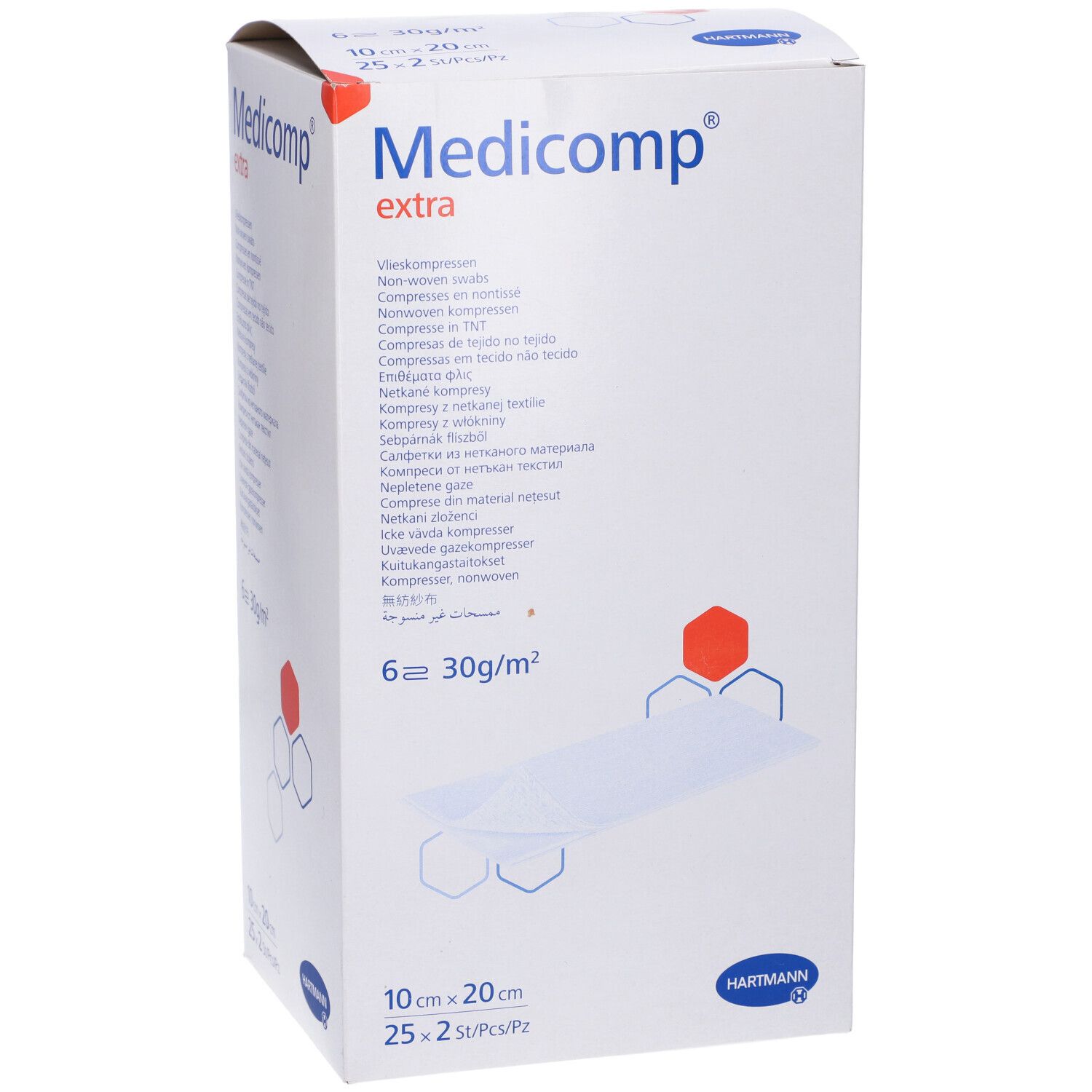 Confezione di Medicomp extra. Scritte: 10x20 cm, 25x2 pz/conf, 6 pezzi, 30g/m². Marchio Hartmann.