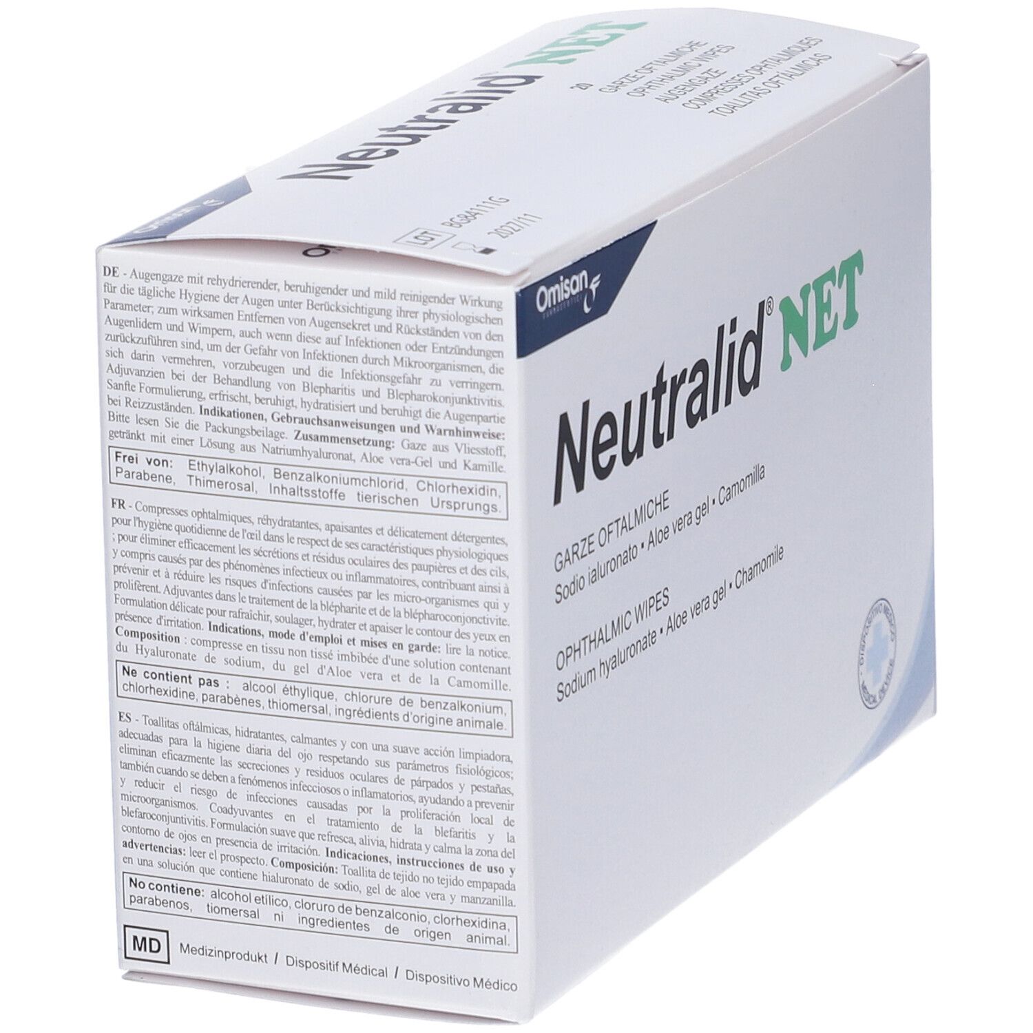 Confezione di Neutralid Net. Contiene salviette oftalmiche. Testo in tedesco, italiano, inglese e spagnolo.
