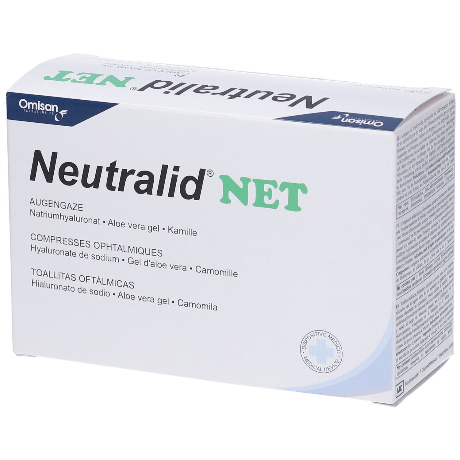 Confezione di Neutralid Net. Contiene garze oculari. Scritte: Augengaze, Compresses ophtalmiques, Toallitas oftálmicas.