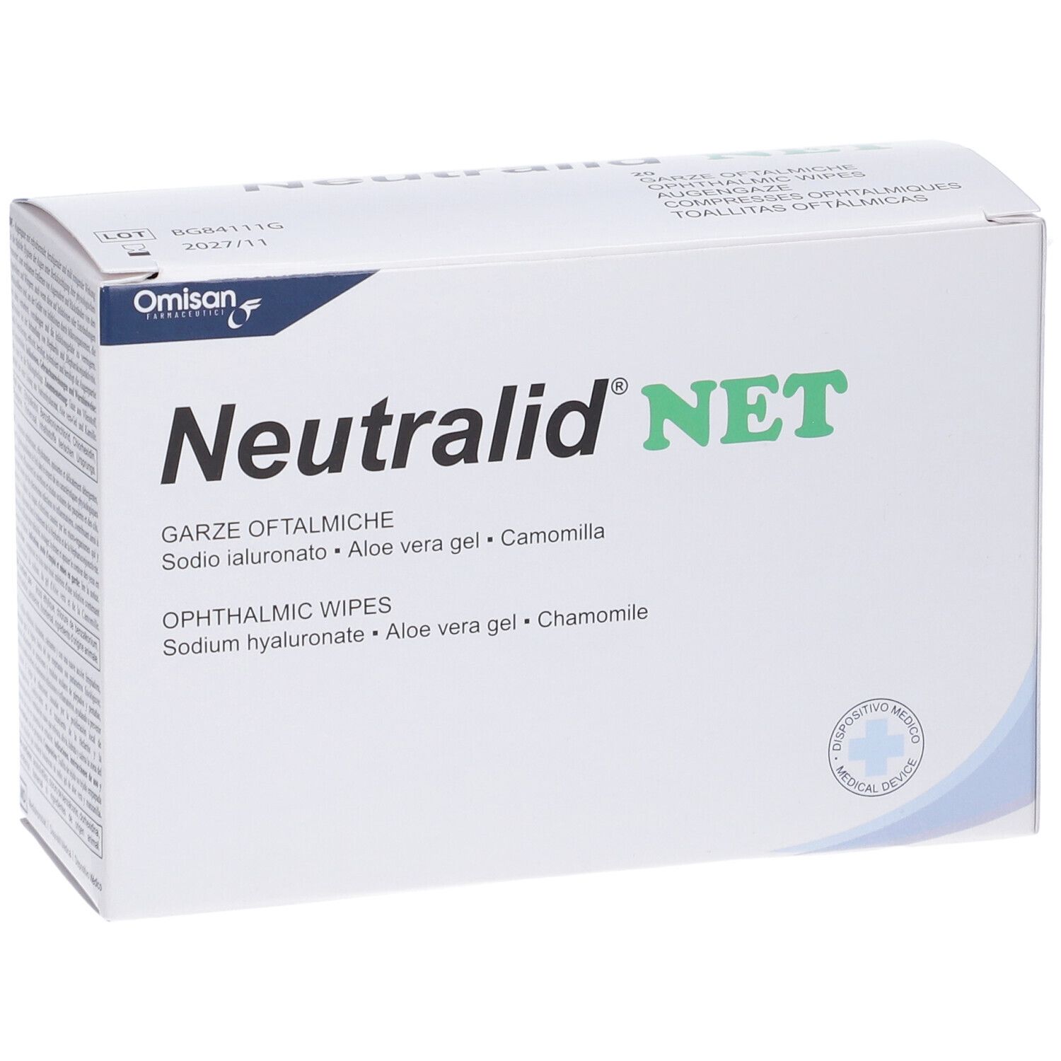 Confezione di Neutralid Net. Contiene salviette oftalmiche. Scritte: Garze Oftalmiche, Ophthalmic Wipes.