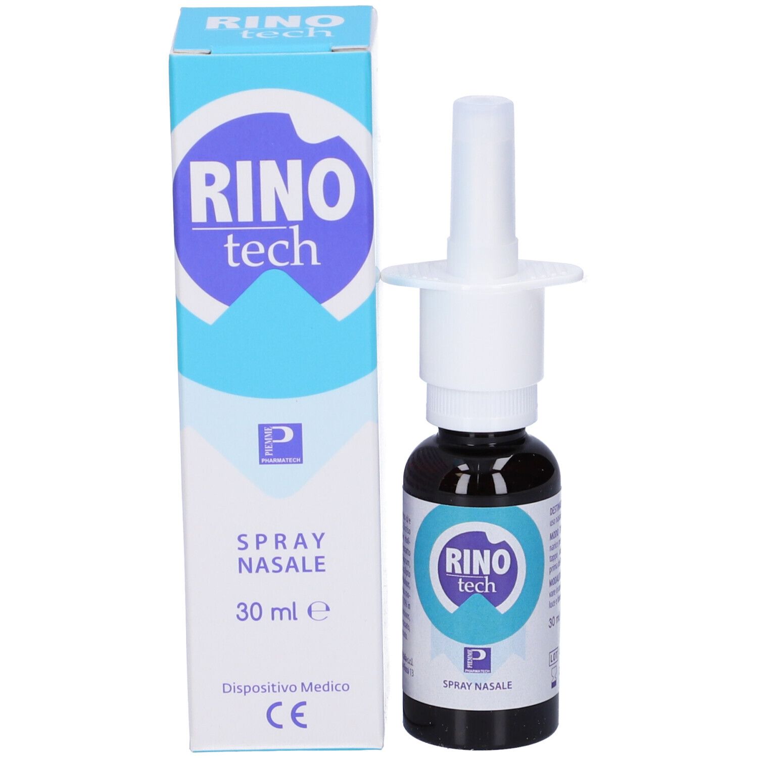 Confezione del prodotto con flacone e scatola. Sulla scatola c'è scritto "Rino tech Spray Nasale 30 ml".