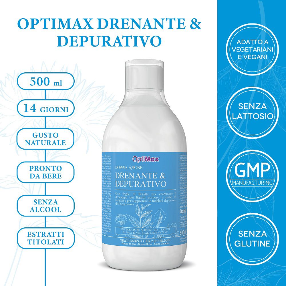 Flacone OptiMax Drenante & Depurativo con etichetta e sigilli: 500ml, 14 giorni.