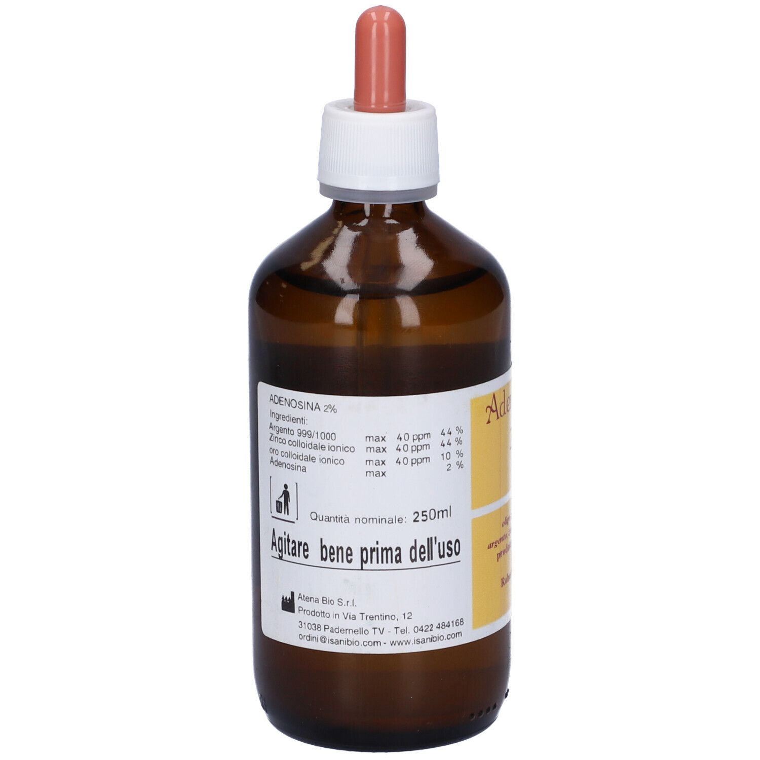 Flacone di vetro marrone con contagocce. Scritta: Adenosina 2%. Etichetta gialla con ingredienti e istruzioni.