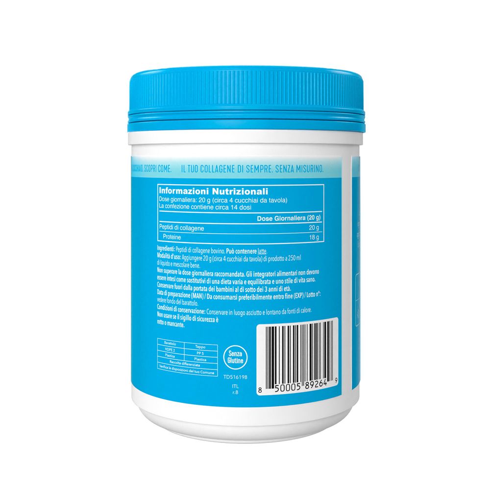 Retro del barattolo. Testo: Informazioni nutrizionali. Collagene, proteine. 20g per porzione, 14 porzioni.