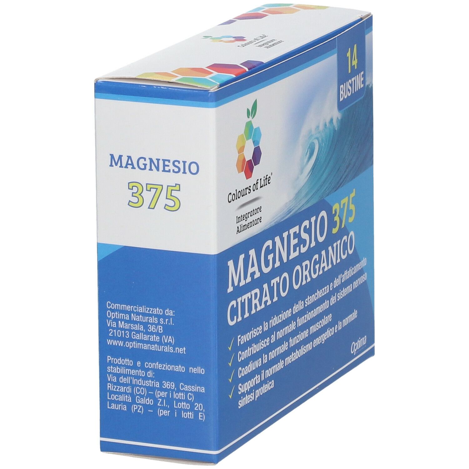 Scatola "Magnesio 375 Citrato Organico". Logo Colours of Life. Confezione blu e bianca. 14 bustine.