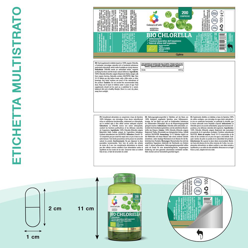 Dettagli della confezione e dimensioni delle compresse Bio Chlorella.