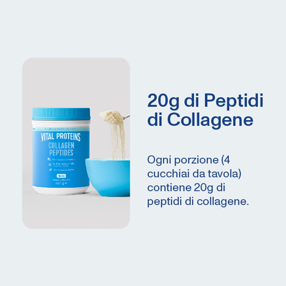 Polvere versata in una ciotola blu. Testo: 20g peptidi di collagene. Ogni porzione contiene 20g.