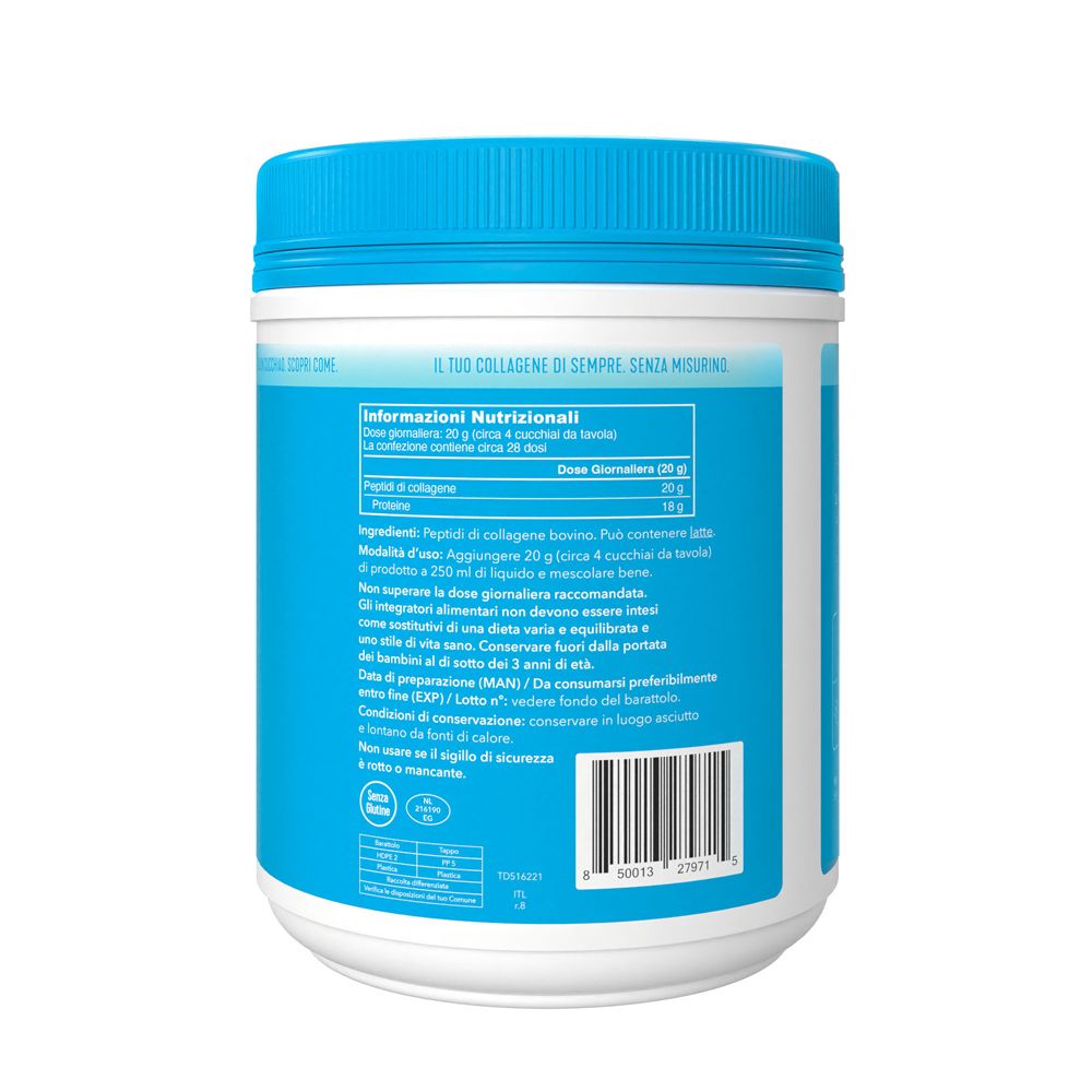 Retro del barattolo. Testo: Informazioni nutrizionali, ingredienti, istruzioni per l'uso, avvertenze, lotto.