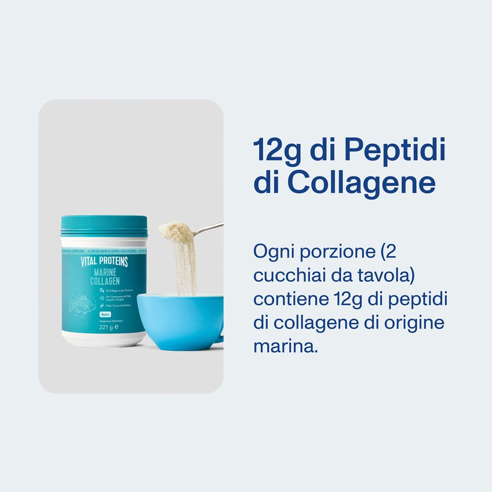 Polvere versata in una ciotola blu con un cucchiaio. Testo: 12g di Peptidi di Collagene.