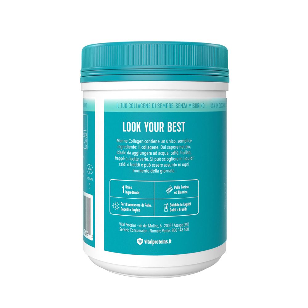 Retro del barattolo. Testo: LOOK YOUR BEST. Marine Collagen contiene un solo ingrediente.