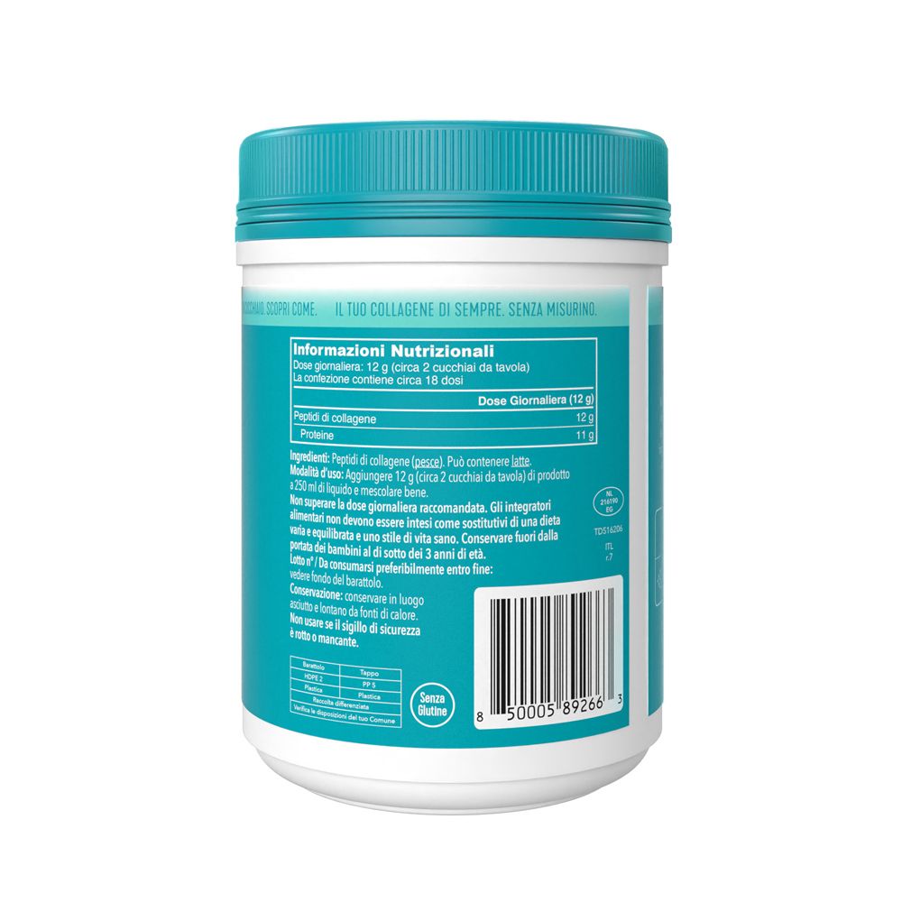Retro del barattolo. Testo: Informazioni nutrizionali. Contiene 12g di collagene per porzione.