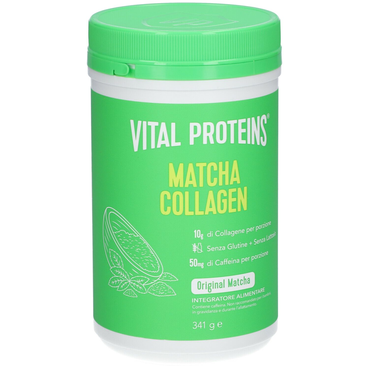 Barattolo verde Vital Proteins Matcha Collagen. Scritta: Matcha Collagen, 10g collagene, senza glutine, senza lattosio, 50mg caffeina. Original Matcha.